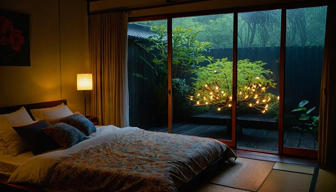 The picture shows a cozy bedroom with large windows offering views of a beautiful, dimly lit garden AND a garden filled with FLOWERS. CINEMATIC atmosphere, gloomy, dull, gloomy rain, cloudy outside JAPANESE HOUSE, dark cloudy. This room has tatami floors, shoji doors, and minimalist wooden furniture. . The bed was unmade with rumpled sheets, indicating only a light sleep. looks dim, gloomy. Beside the bed there is a small table with a classic lamp that radiates warm light into the room. Outside the window you can see the lush greenery of the terrace or balcony area, the rain is falling, the lamp on the left provides warm lighting, creating a calm and peaceful atmosphere. the room was dark, gloomy with fog obscuring part of the view in the distance. The contrast between the warmth indoors and the rain outdoors creates an inviting and calming atmosphere