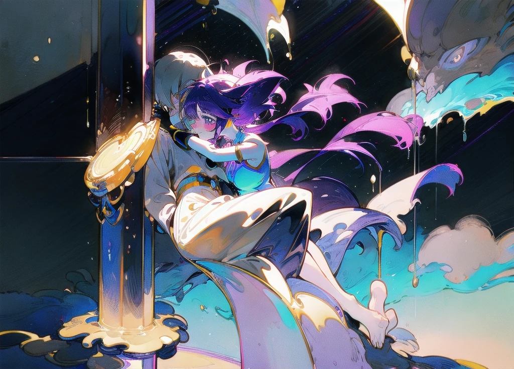 Two girls touching lips,A girl with purple hair,Transparent purple eyes,Another girl with yellow hair,Clear blue eyes,Medieval Lolita Style Clothing,Sit and hug,Look at each other affectionately,Cool,Violet,iris,Sunshine,Surrounded by greenery,Transparent stream flowing,Tyndall effect,Light up the fire,starlight:1.8,Clear shape,Detailed description of appearance:Perfect beautiful clear appearance,Normal human body,Transparent colors,Transparent green,Light color strokes,{{{Transparent color:3.3}}}softbrush:1.8,Transparent character details,Perfect light color,pure,Transparent colors,greenish blue,suspended congress, face focus, standing, hug, leg lock, breast press,straddling,arms around neck, lifting person