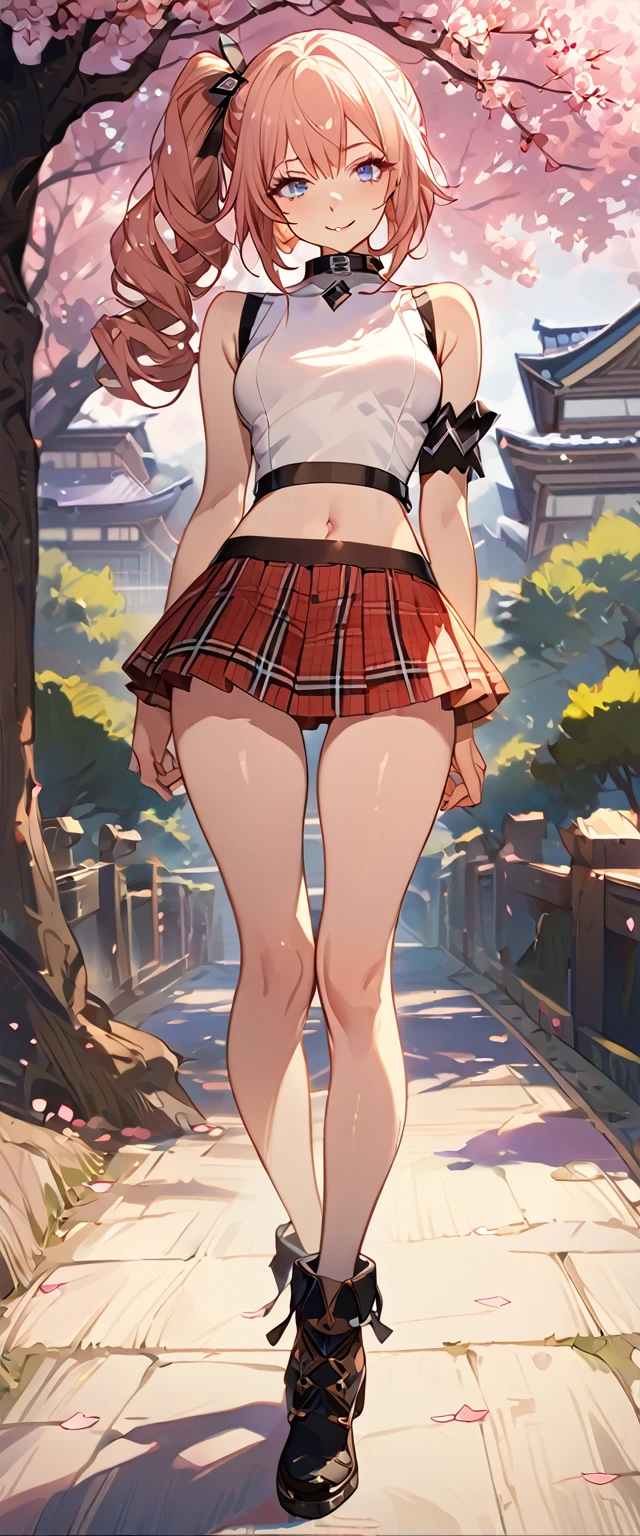 masterpiece, best quality, 8k, 4k, 1girl, (masterpiece, best quality:1.2), 1girl, serah farron, smile, looking at viewer, thin body ,arms behind back, blue eyes, super long curly side ponytail, black diamond-shaped armband, plain white sleeveless shirt with collar, zig-zag button pattern, straight collar shirt, midriff, transparent sleeveless pink jacket, red plaid-pleated short skirt, black lace skirt under, slightly lower skirt, plain black thigh-high stockings, light brown ankle boots, finely detailed eyes and detailed face, face detailed, hair detailed, clothes detailed, ((high quality)), extreme detail, Sakura tree, sakura field, inspired by Asukaziye artist : ask, art style : ask