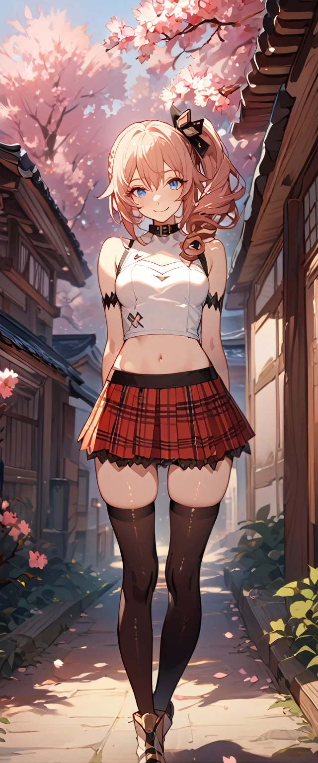 masterpiece, best quality, 8k, 4k, 1girl, (masterpiece, best quality:1.2), 1girl, serah farron, smile, looking at viewer, thin body ,arms behind back, blue eyes, super long curly side ponytail, black diamond-shaped armband, plain white sleeveless shirt with collar, zig-zag button pattern, straight collar shirt, midriff, transparent sleeveless pink jacket, red plaid-pleated short skirt, black lace skirt under, slightly lower skirt, plain black thigh-high stockings, light brown ankle boots, finely detailed eyes and detailed face, face detailed, hair detailed, clothes detailed, ((high quality)), extreme detail, Sakura tree, sakura field, inspired by Asukaziye artist : ask, art style : ask