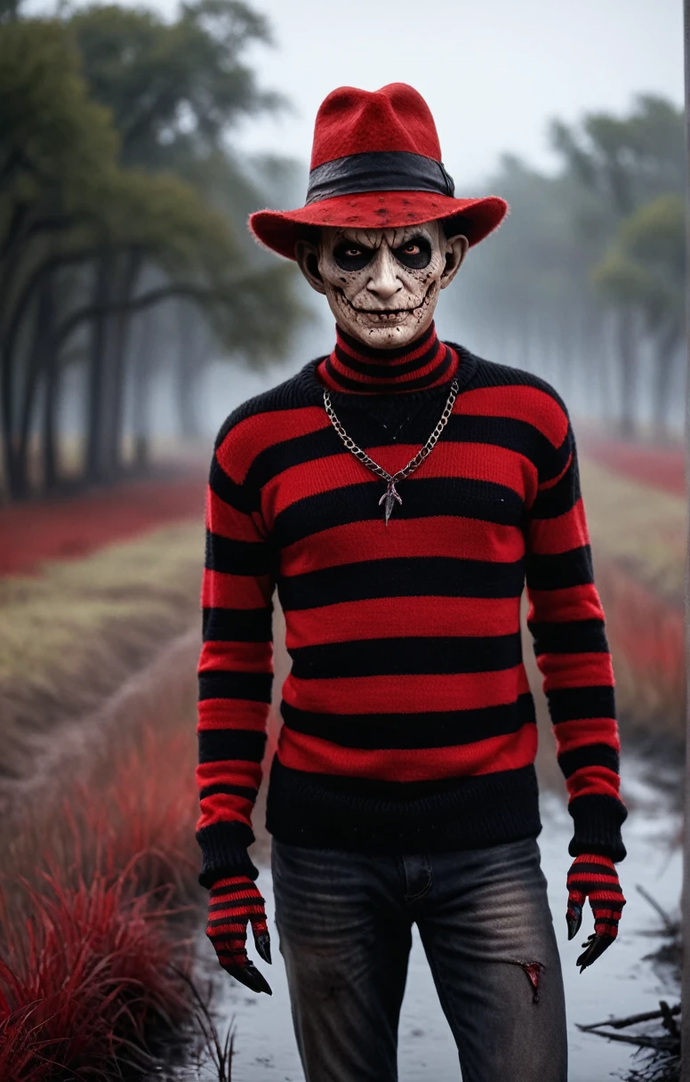 Horror-themed movies,Ultra HD、Amazing image quality,4k、A Nightmare on Elm Street、Freddy、Wearing a hat、Burned skin、Red and black striped sweater、nails are long、Full Body Shot,Give the viewer a malicious look, Grabbing Viewer, For the viewer,Misty marshland background,Shallow depth of field, Vignette, Very detailed, High budget, Bokeh, CinemaScope, Sulky, amazing, nice, Film Grain, granular . Creepy, Anxious, dark, Creepyな, Suspenseful, strict, Very detailed