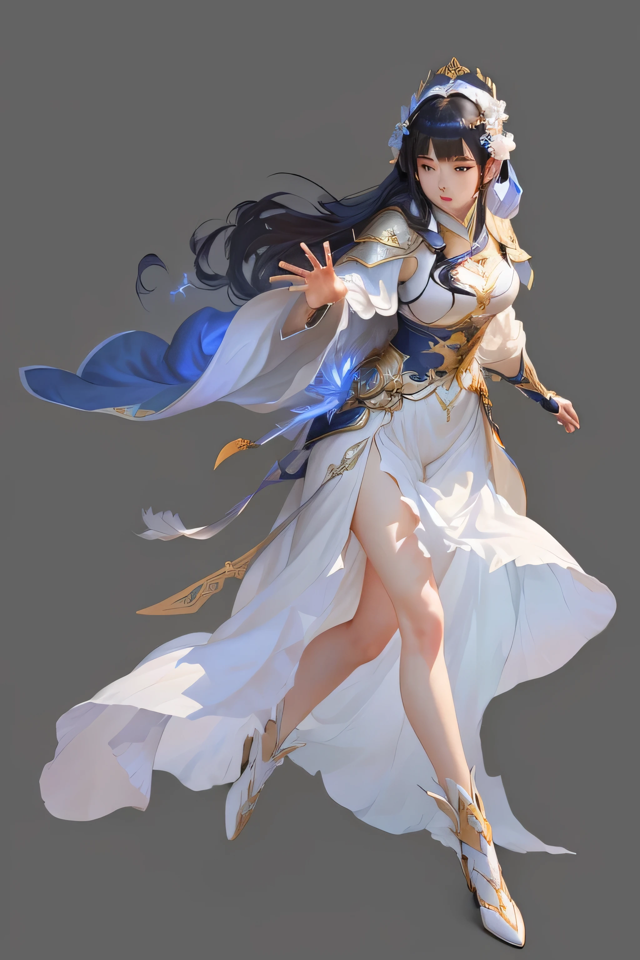 Wearing a white dress、Draped in a blue cloak、anime girl holding sword, Full body fairy, author:Yang J, Pan Chengwei on artstation, G Liulian art style, author:Chen Zhou, author Zeng Jing, author:Yang Jin, Beautiful character painting, author:Cold plum, Inspired by Fenghua Zhong, feng zhu concept art