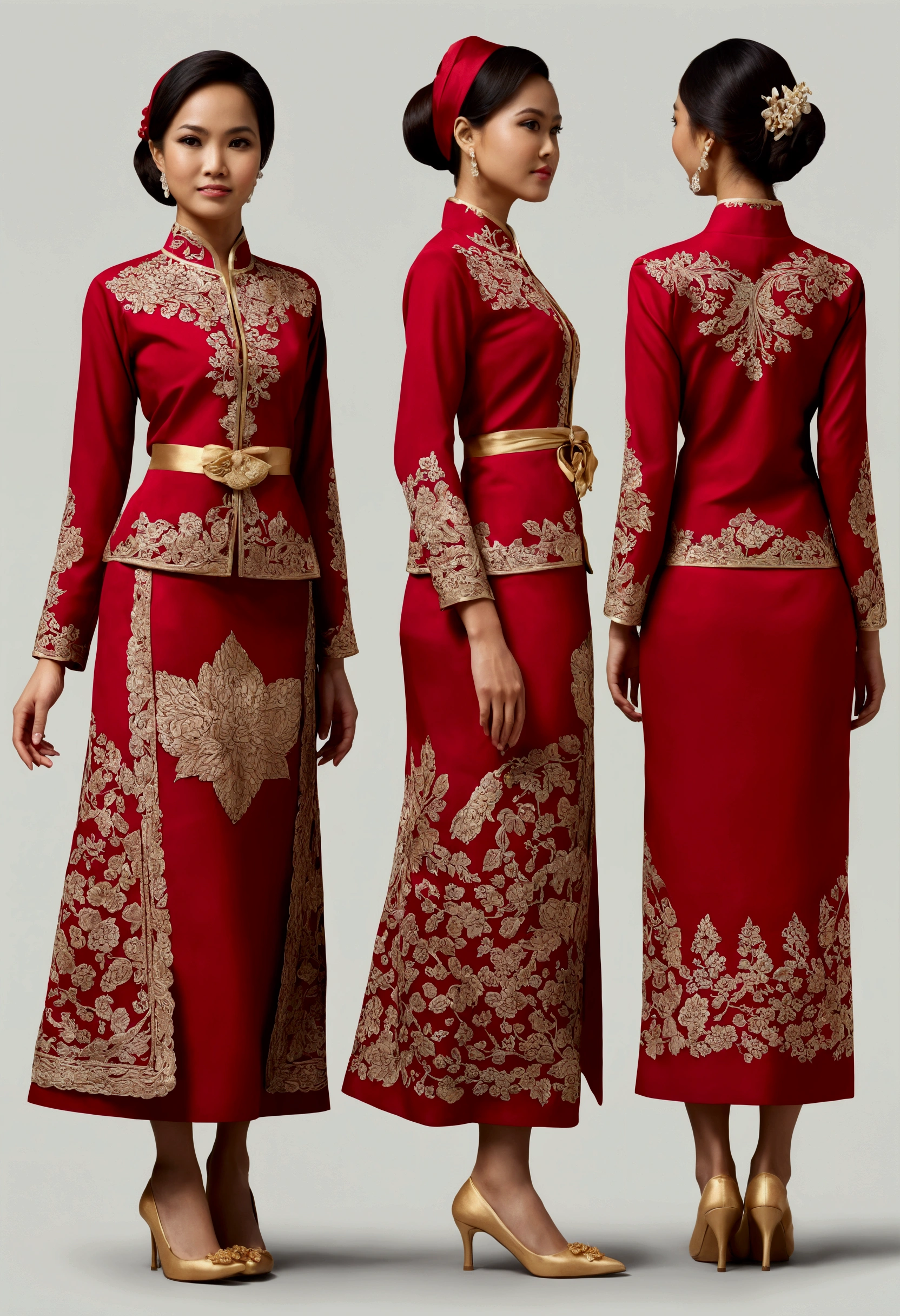 Create an illustration yet refined outfit for commoners in a society inspired by puteri gunung ledang with Malaysia Kebaya clothing influences. The clothing should be made from durable, comfortable materials and feature simple yet elegant designs. Utilize shades of red and incorporate batik motifs in the patterns and embroidery. The outfit should blend the functionality of Malay workwear with the flowing lines of Malaysia Kebaya attire. Accessories should be minimal but functional, such as sashes, simple jewelry, headbands, and traditional Malay shoe. The overall look should reflect the commoners' respect for strength and honor, while being suitable for daily activities. reference sheet, character chart, (((three-sided view, front front view, side view, back back view, multiple views, multiple poses and expressions, many parts))), give space space to each view, 8K resolution, high details, high quality, highres, anatomically correct