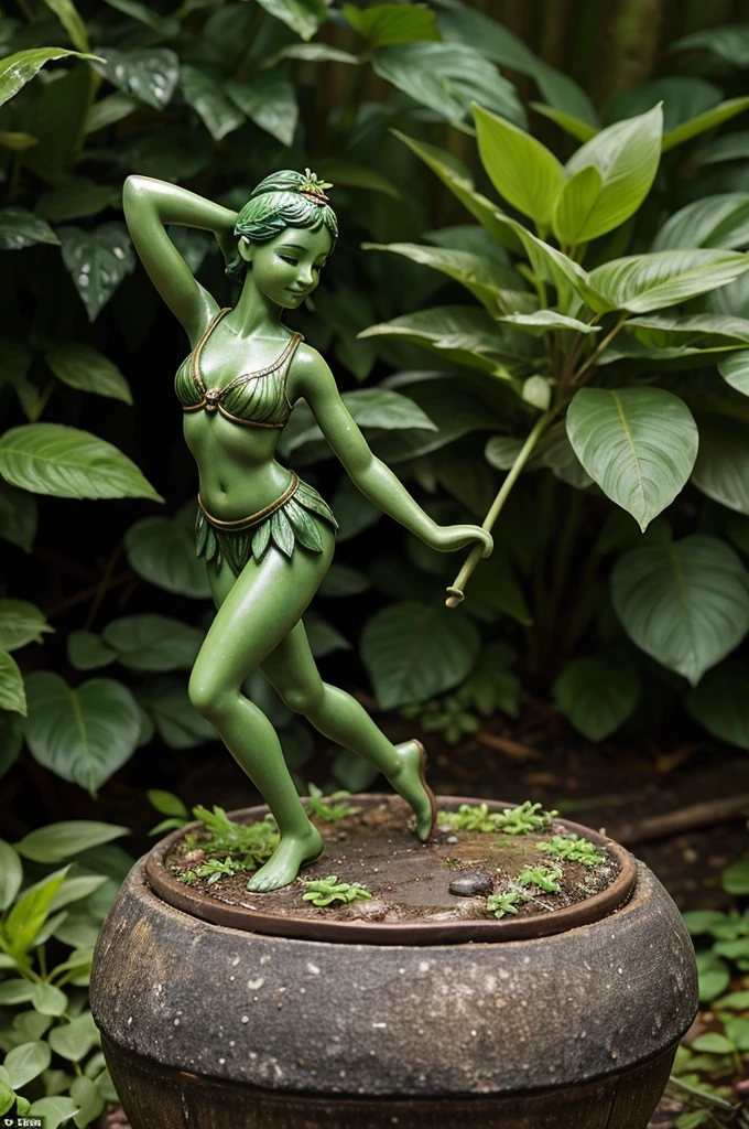 A whimsical miniature figure, crafted from a vibrant medley of green leaves, assumes a lively dancing pose atop a worn, earthy pot, surrounded by a lush forest scene awash in the soft, misty glow of rain-kissed greens and blues, evoking a sense of mythical wonder