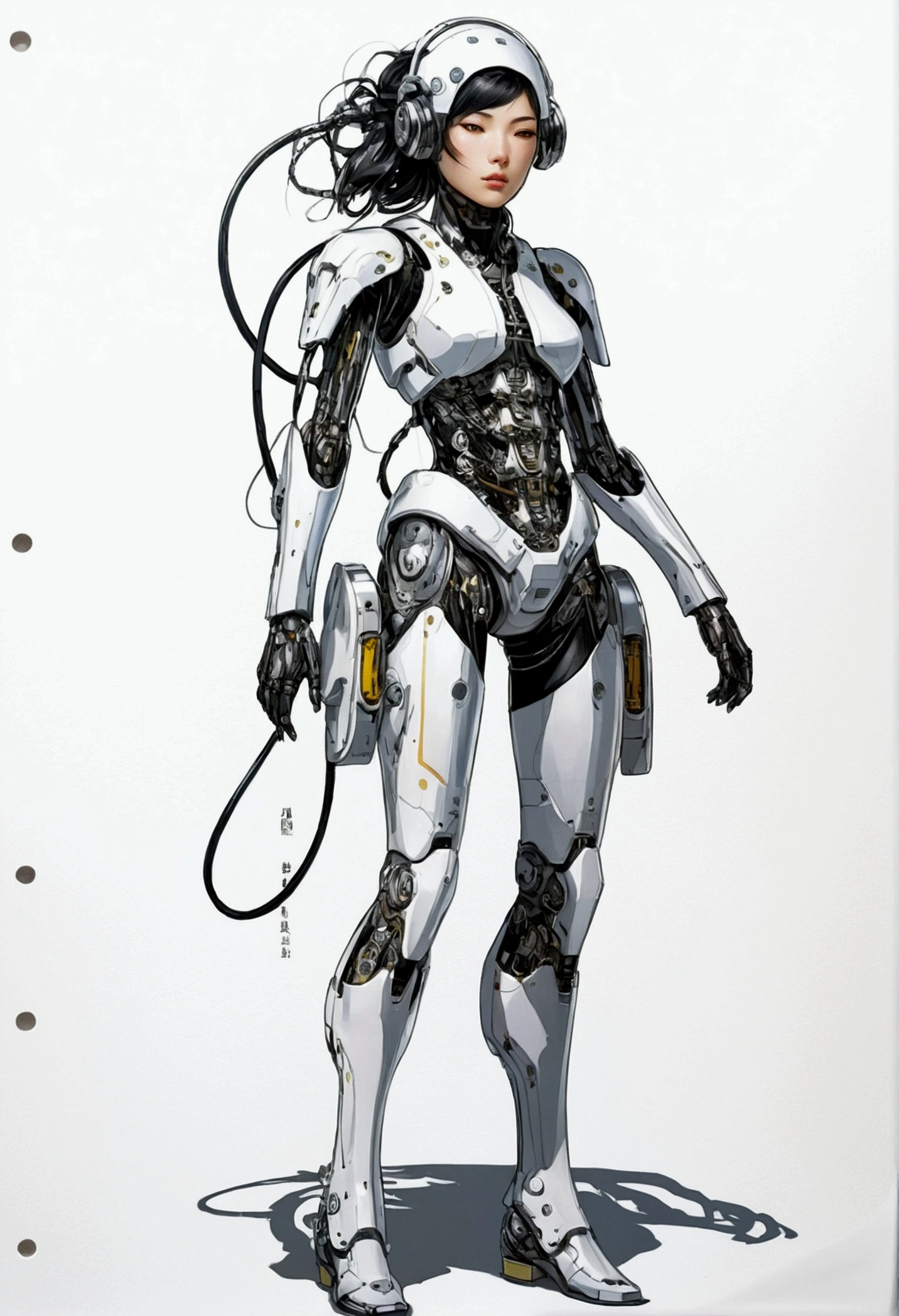 Character design of a girl wearing a cybernetic exoskeleton、Oriental、Concept Design Sheet、White background、Yoji Shinkawa's style --s 750 --niji 5