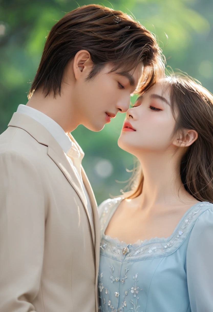 (Reality:1.4), best quality, masterpiece, Ultra-high resolution, 1 boy, Duet, 1 Girl, (Delicate face:1.2), (Delicate eyes:1.2), (Fine hair:1.2), (Detailed clothes:1.2), 4K, male, (Close your eyes)