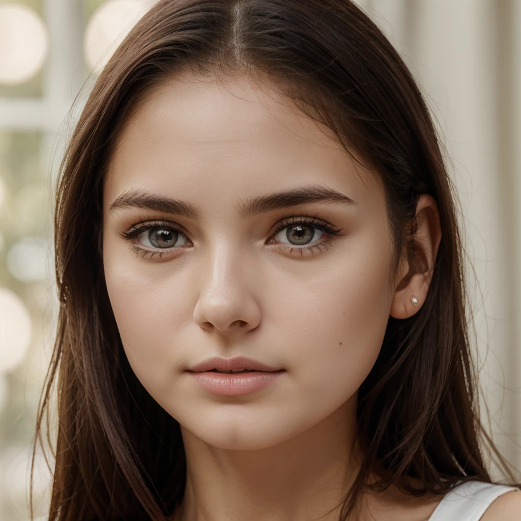 sony premium camera, 8k, full High resolution, front-facing photo], a beautiful girl, cite girl, with oval face and symmetrical face structure, big eyes, hazal eye color, almond shape eyes, straight and balanced nose, soft wavy brown hair, heart-shaped lips, perfect eyebrows, perfect ears, light pale soft skin, pale white skin, slightly lifted chin with neutral expression, plain background, bright light