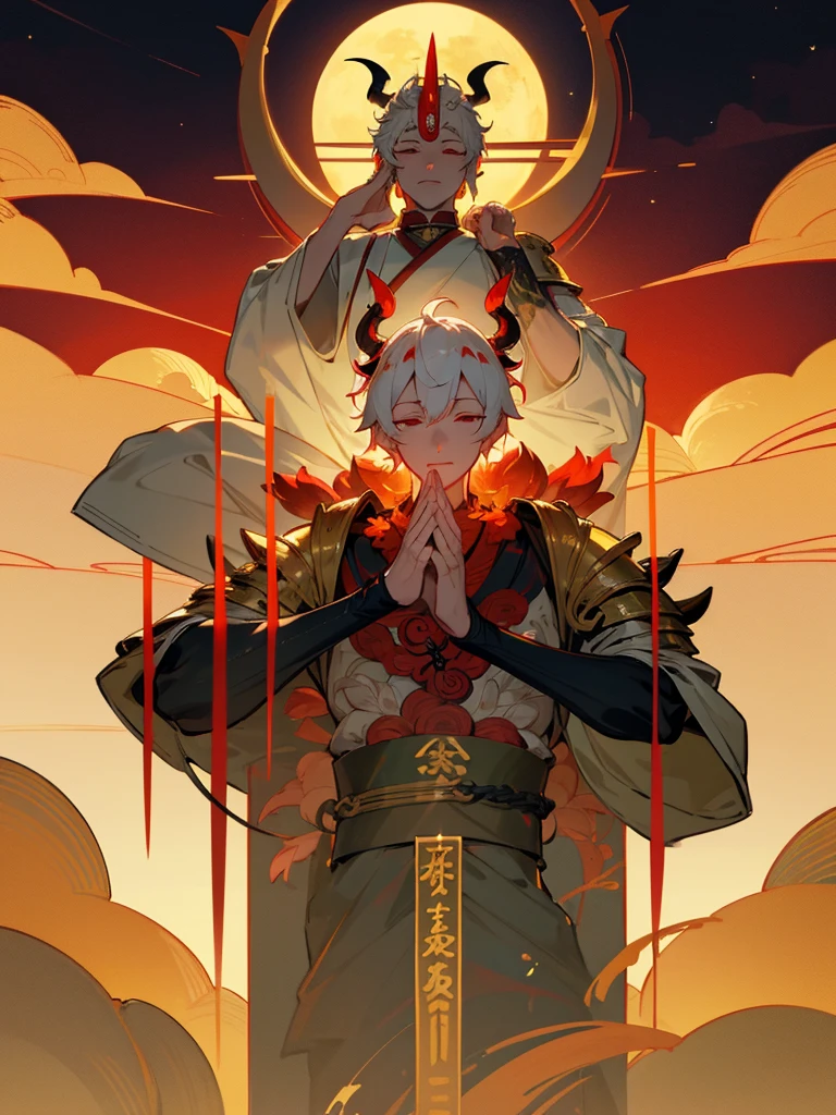 Dragon God Kannon Bodhisattva,Burning Eyes, horn, white short hair, black armor, torii, man, full moon, hands together in prayer, Zen meditation Golden guardian dog iPhone  Lotus flower field Paradise 機械