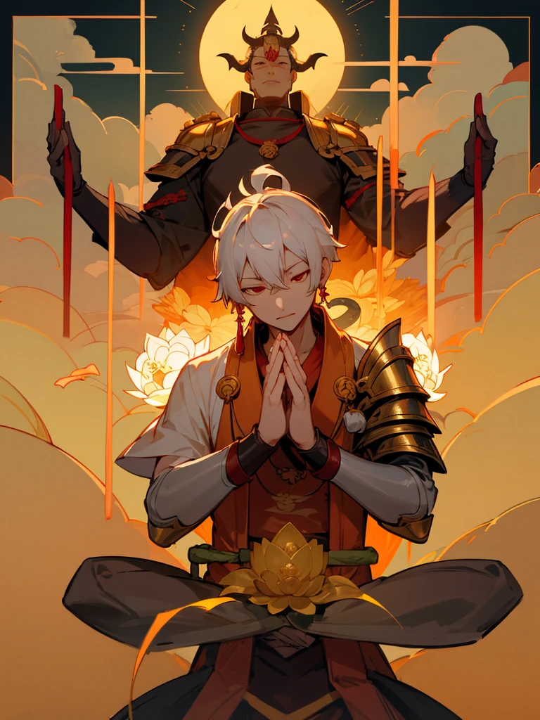 Dragon God Kannon Bodhisattva,Burning Eyes, horn, white short hair, black armor, torii, man, full moon, hands together in prayer, Zen meditation Golden guardian dog iPhone Lotus flower field Paradise 機械