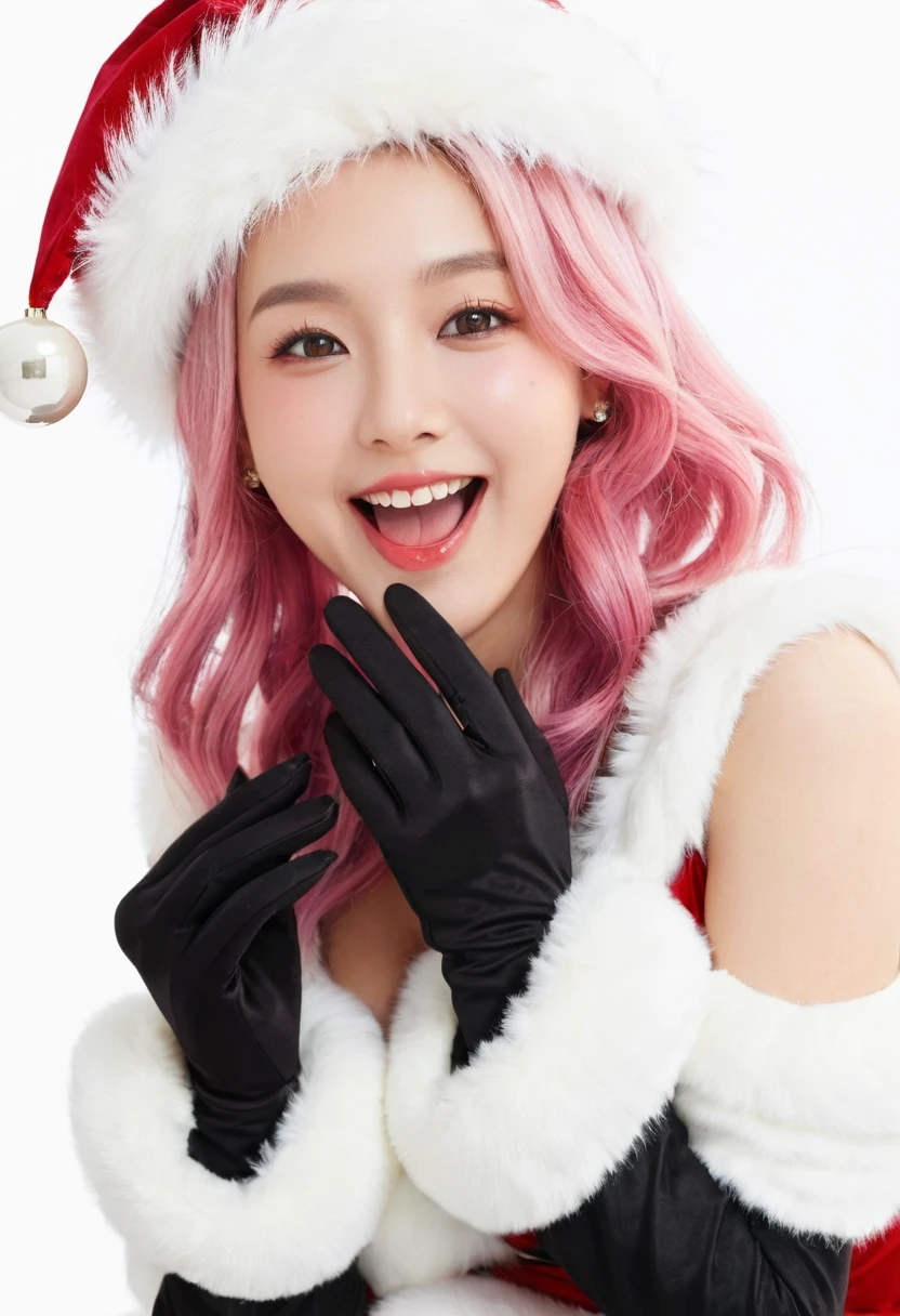 masterpiece,1 Girl, Serena,pink_hair, Gloves, Black_Gloves, fur_prune, have, Santa Claus_Costumes, Christmas, Open_Mouth, Smile, bell, Solitary, Red_Headdress, Pantyhose, White_background, pink_Eye, Santa Claus_have, 