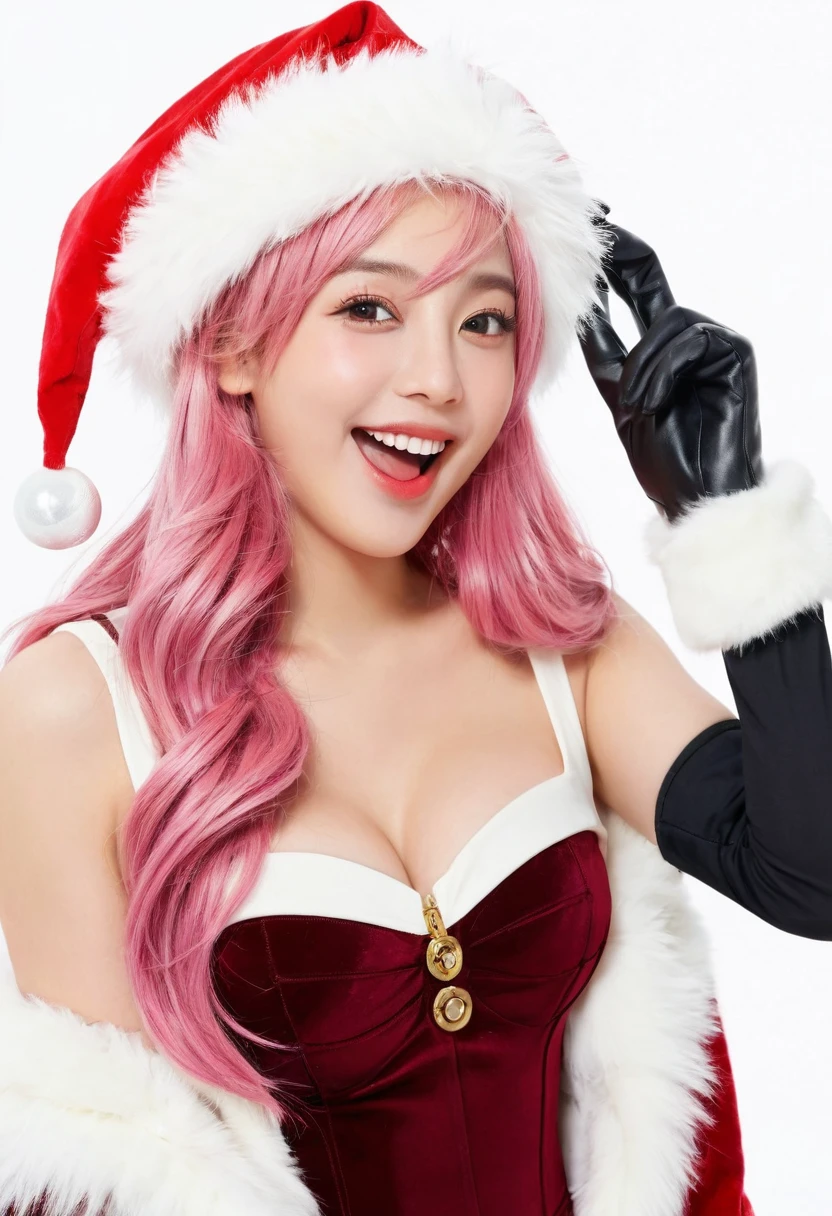 masterpiece,1 Girl, Serena,pink_hair, Gloves, Black_Gloves, fur_prune, have, Santa Claus_Costumes, Christmas, Open_Mouth, Smile, bell, Solitary, Red_Headdress, Pantyhose, White_background, pink_Eye, Santa Claus_have,