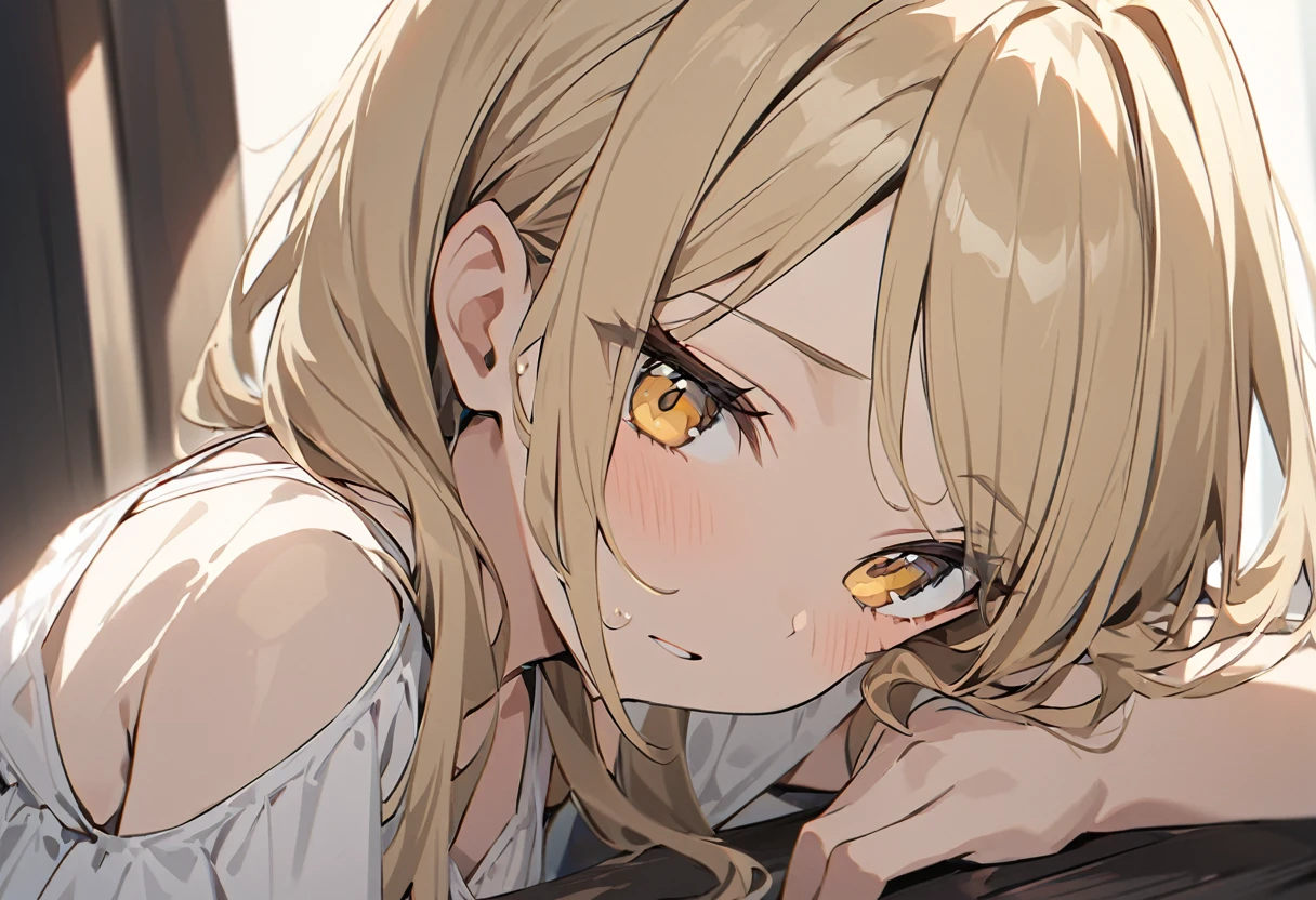 score_9, score_8_superior, score_7_superior, sauce_anime, One girl,Yellow Eyes, Highest quality, Blonde, Rounded, downward-cut bangs, Portraiture, White sundress,