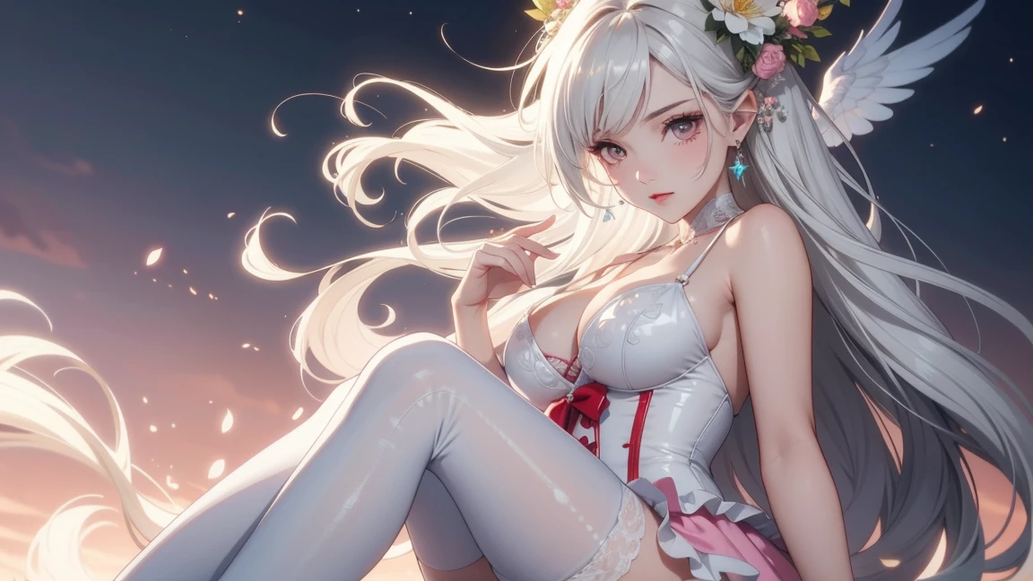 Ethereal Vampire, Soft and fair skin, White hair, White eyes, Pink corset, White tights, High Leg Raise, Bubble Butt, Huge breasts, Starlight, Marshmallow, Lolita Fashion, thigh, Art Station, Hot, Ultra HD, 4K, Detailed anatomy, (Glowing skin), ((Oily skin)), Dramatic Lighting, High contrast, Kawaii, Skin Indentation, Beautifully, 高品质Unreal Engine 5, beautiful , Hyperrealistic style, Delicate face, floral accessories, Soft background color, sakimichan's Artwork, exposed, Unreal Engine 5, Movie, Color grading, Portrait Photography, Ultra wide angle, Depth of Field, Ultra Detailed, Colorful, Crazy details, Intricate details, Color grading精美