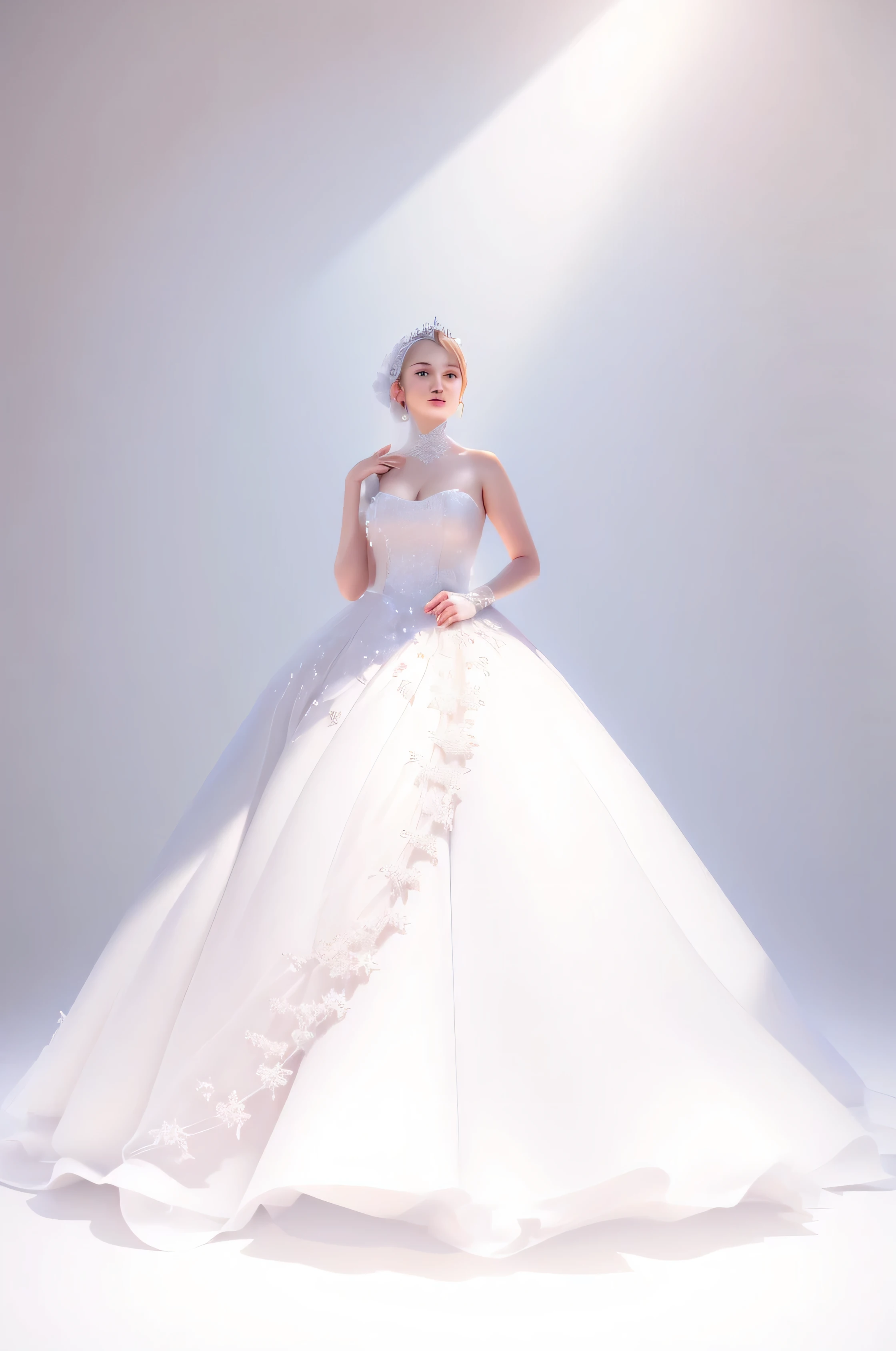arafed woman in a white wedding dress posing for a picture, gown, white gown, wedding dress, wearing long gown, dressed beautiful gown, flowing gown, 8k --height 768, full length view, soft elegant gown, beautiful gown, 3 d white shiny thick, wearing organza gown, high quality 3d realistic, detailed image, frock