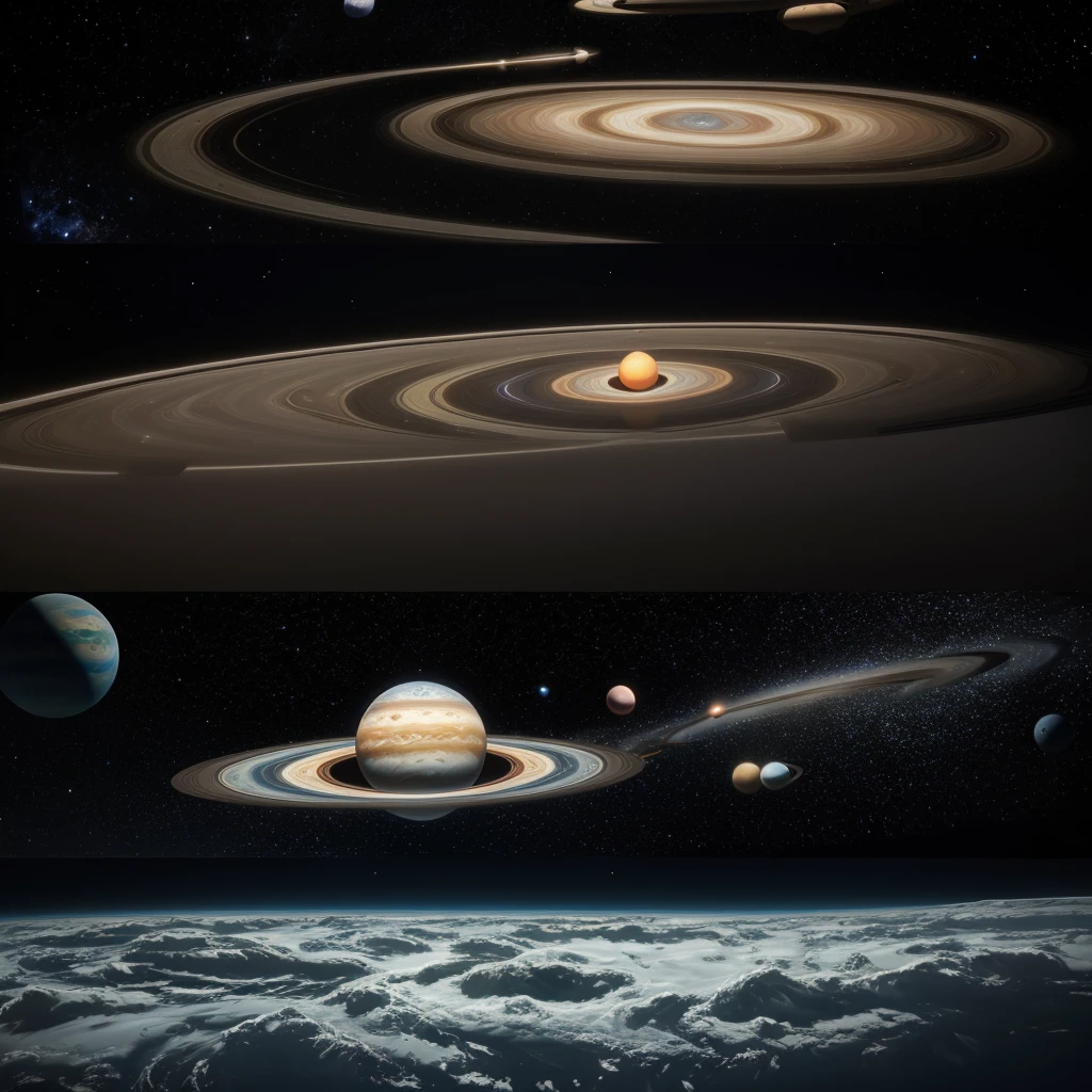 "A surrealistic view of the solar system: the planets float in a vast cosmic ocean, with its surfaces reflecting dreamlike landscapes. Saturn, with your rings transformed into ribbons of neon lights, orbits close to a Jupiter covered in luminescent forests. Earth displays a collage of floating continents