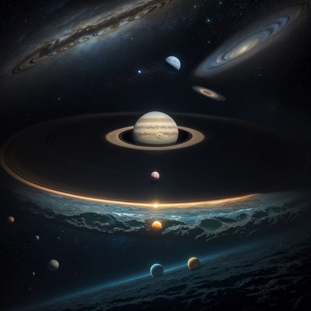 "A surrealistic view of the solar system: the planets float in a vast cosmic ocean, with its surfaces reflecting dreamlike landscapes. Saturn, with your rings transformed into ribbons of neon lights, orbits close to a Jupiter covered in luminescent forests. Earth displays a collage of floating continents
