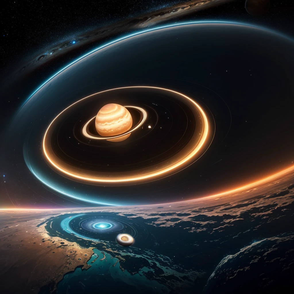 "A surrealistic view of the solar system: the planets float in a vast cosmic ocean, with its surfaces reflecting dreamlike landscapes. Saturn, with your rings transformed into ribbons of neon lights, orbits close to a Jupiter covered in luminescent forests. Earth displays a collage of floating continents