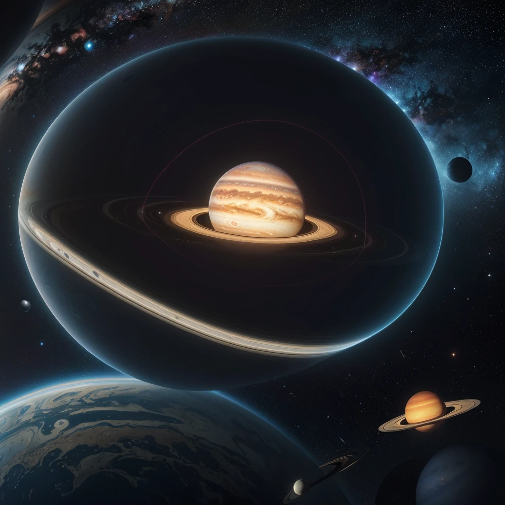 "A surrealistic view of the solar system: the planets float in a vast cosmic ocean, with its surfaces reflecting dreamlike landscapes. Saturn, with your rings transformed into ribbons of neon lights, orbits close to a Jupiter covered in luminescent forests. Earth displays a collage of floating continents
