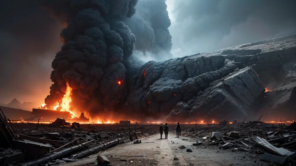 "An apocalyptic scene with dark skies, earthquakes and great natural disasters, symbolizing the end of times."