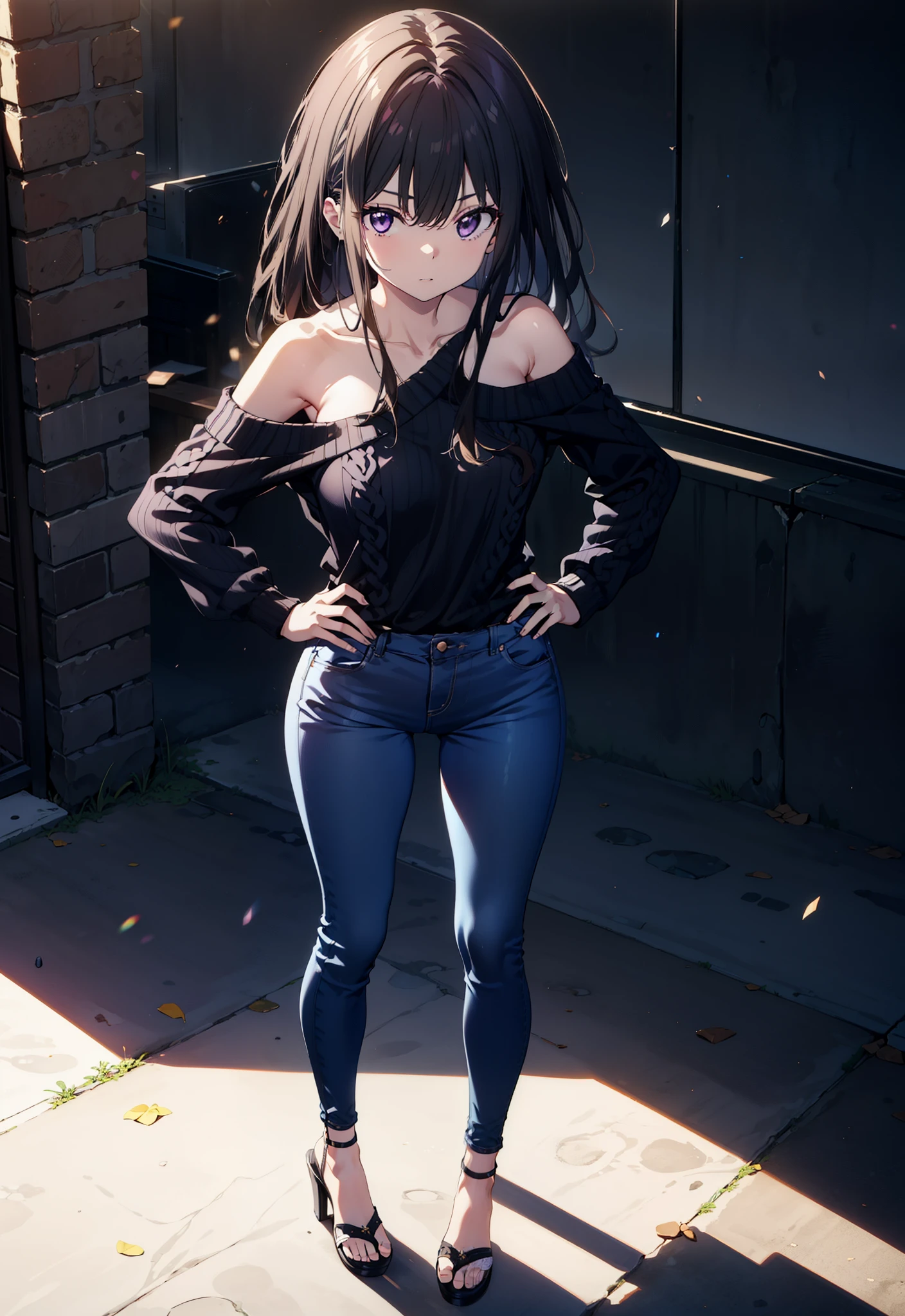 Takiuchikami, Long Hair, bangs, Black Hair, (Purple eyes:1.2),Baseball hats,Blue one-shoulder sweater,Skinny jeans,Stiletto heels,Place one hand on hip,Are standing,whole bodyがイラストに入るように,Daytime,
break outdoors, In town,
break looking at viewer, whole body,
break (masterpiece:1.2), Highest quality, High resolution, unity 8k wallpaper, (figure:0.8), (Beautiful attention to detail:1.6), Highly detailed face, Perfect lighting, Highly detailed CG, (Perfect hands, Perfect Anatomy),