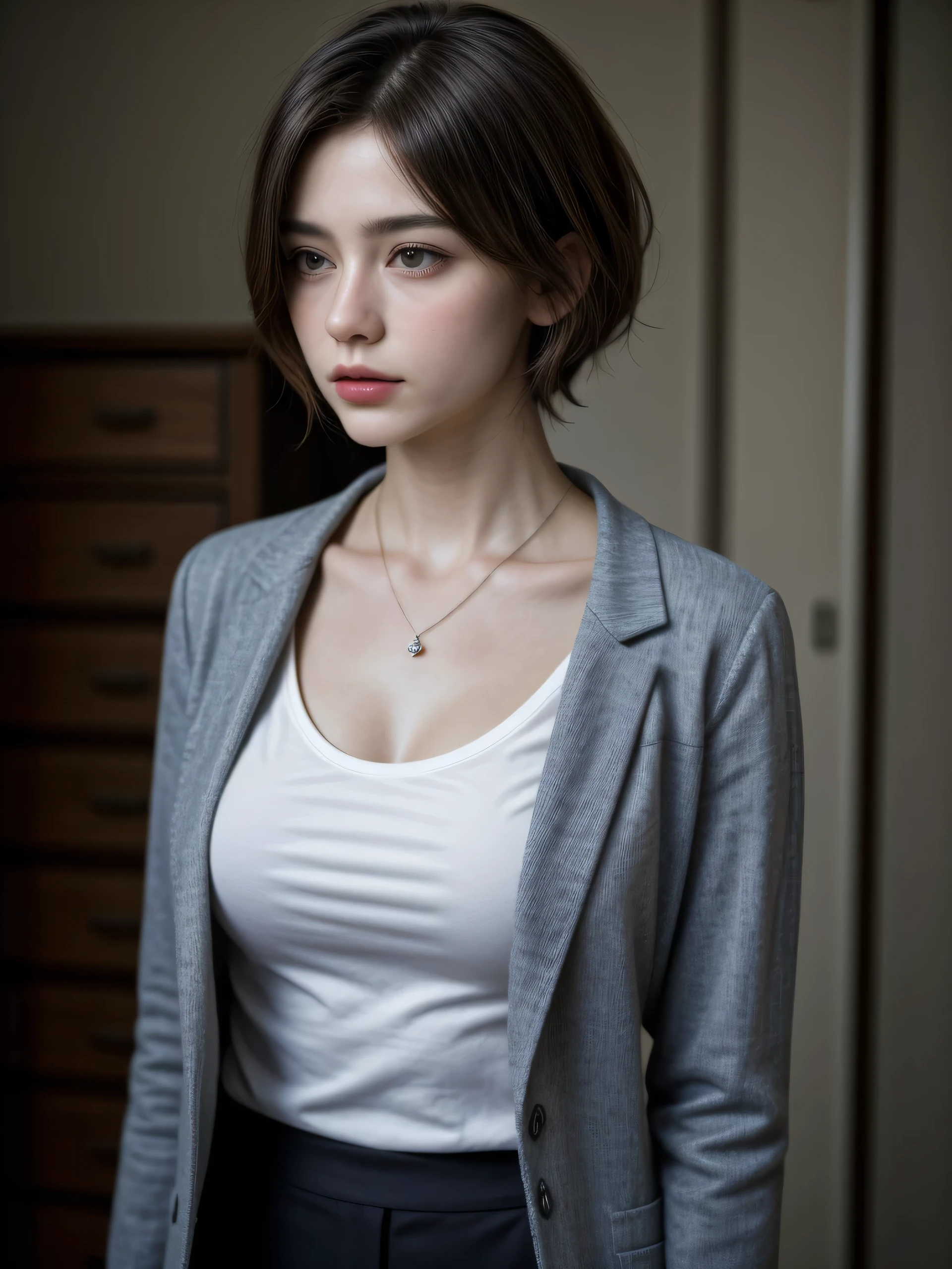 ((Masterpiece, best quality, realistic, photorealistic)), from above shot, extreme detailed photo, delicate details, sharp focus, 1 gorgeous pretty European girl, short bowl cut hair, attractively beautiful face, charming, (tall, thin, slender body, slim figure), natural hands, fine skin, ((wearing v-neck tee, open blazer, flared trousers, pendant)), closet room, standing, wardrobe, low light.