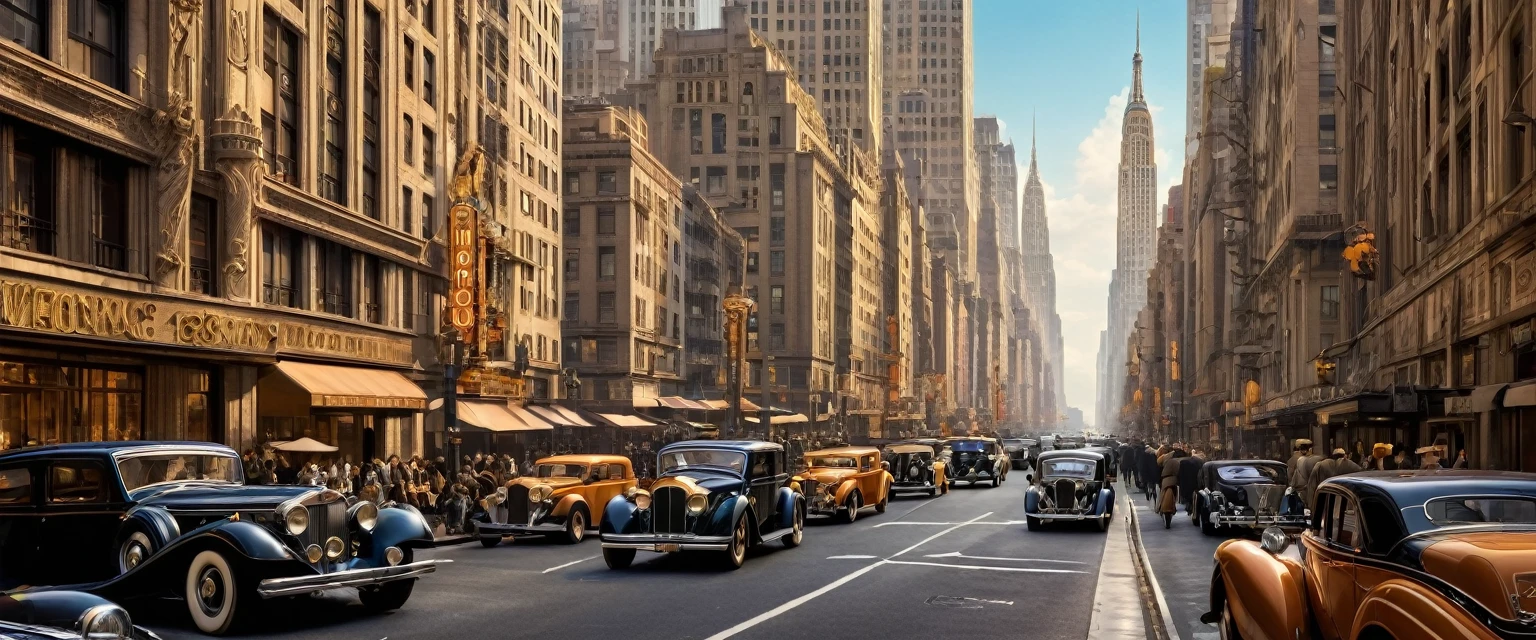 ((​masterpiece, high quality,)) the metropolis in the 1920s Art Deco style. Tall buildings with geometric shapes and ornate facades line the streets. Vintage cars and elegantly dressed pedestrians add to the atmosphere of sophistication and glamour, New York City