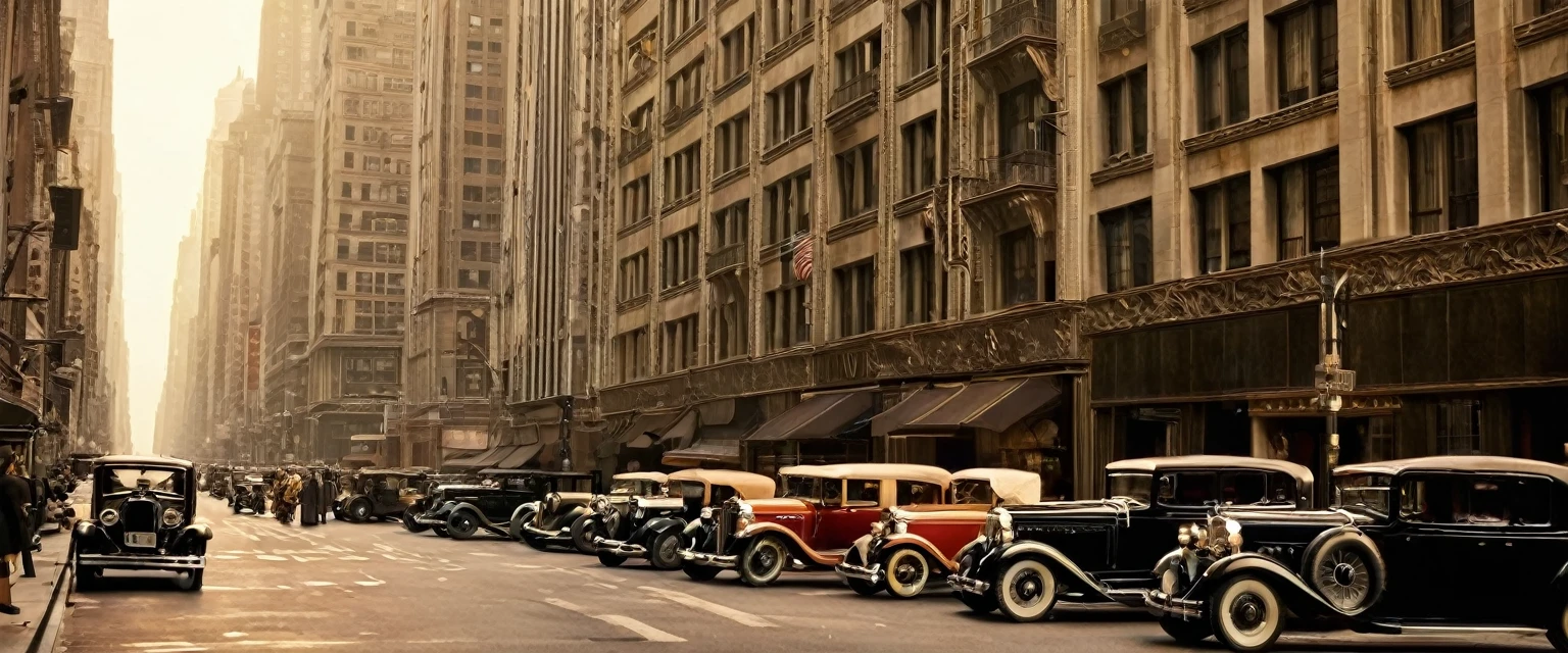 ((masterpiece, high quality,)) the metropolis in the 1920s Art Deco style. Tall buildings with geometric shapes and ornate facades line the streets. Vintage cars and elegantly dressed pedestrians add to the atmosphere of sophistication and glamour, New York City