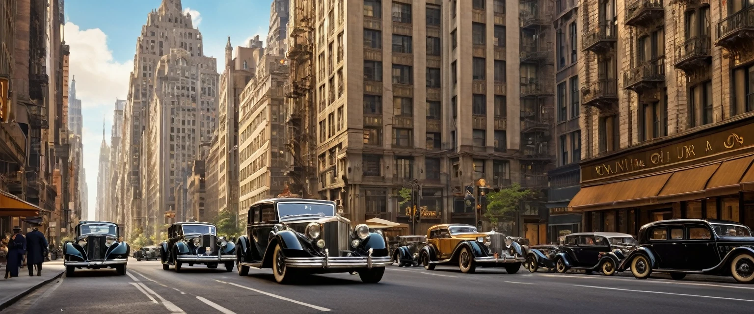 ((masterpiece, high quality,)) the metropolis in the 1920s Art Deco style. Tall buildings with geometric shapes and ornate facades line the streets. Vintage cars and elegantly dressed pedestrians add to the atmosphere of sophistication and glamour, New York City