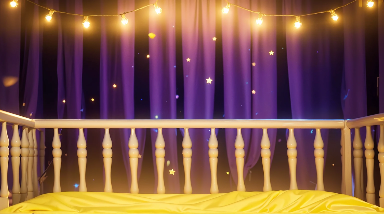 This image features a charming and whimsical children's crib set against a festive background. The crib is surrounded by rich purple curtains, creating a cozy and enchanting atmosphere. Above the crib, decorative garlands with glowing yellow lights add a magical touch, casting soft light and creating twinkling reflections that dance across the curtains. The golden, fuzzy blanket inside the crib suggests warmth and comfort, enhancing the overall dreamy and starlit ambiance of the setting. This setup appears ideal for a child's nursery, where the decorative elements contribute to a joyful and peaceful sleeping environment. аffects render, (glossy plastic texture with multiple big light probe refractions), perfect cgi, smooth silhouette, high intensity refraction, (super glossy plastic material), most beautiful vfx, , realistic, 4k, high resolution, rim light, smooth 3d model, multiple light sources, rim light, sharp post effects render,, realistic, 4k, high resolution, rim light detailed digital art, reflective, best quality, 4k, masterpiece:1.2, ultra-detailed, realistic, vivid colors, The image of the highest quality, ensuring every detail showcased perfectly. It in 4k resolution, allowing viewers to immerse themselves in the richness of the colors and intricate details. The realistic rendering. under the spotlight, reflecting, high-resolution image, realistic rendering