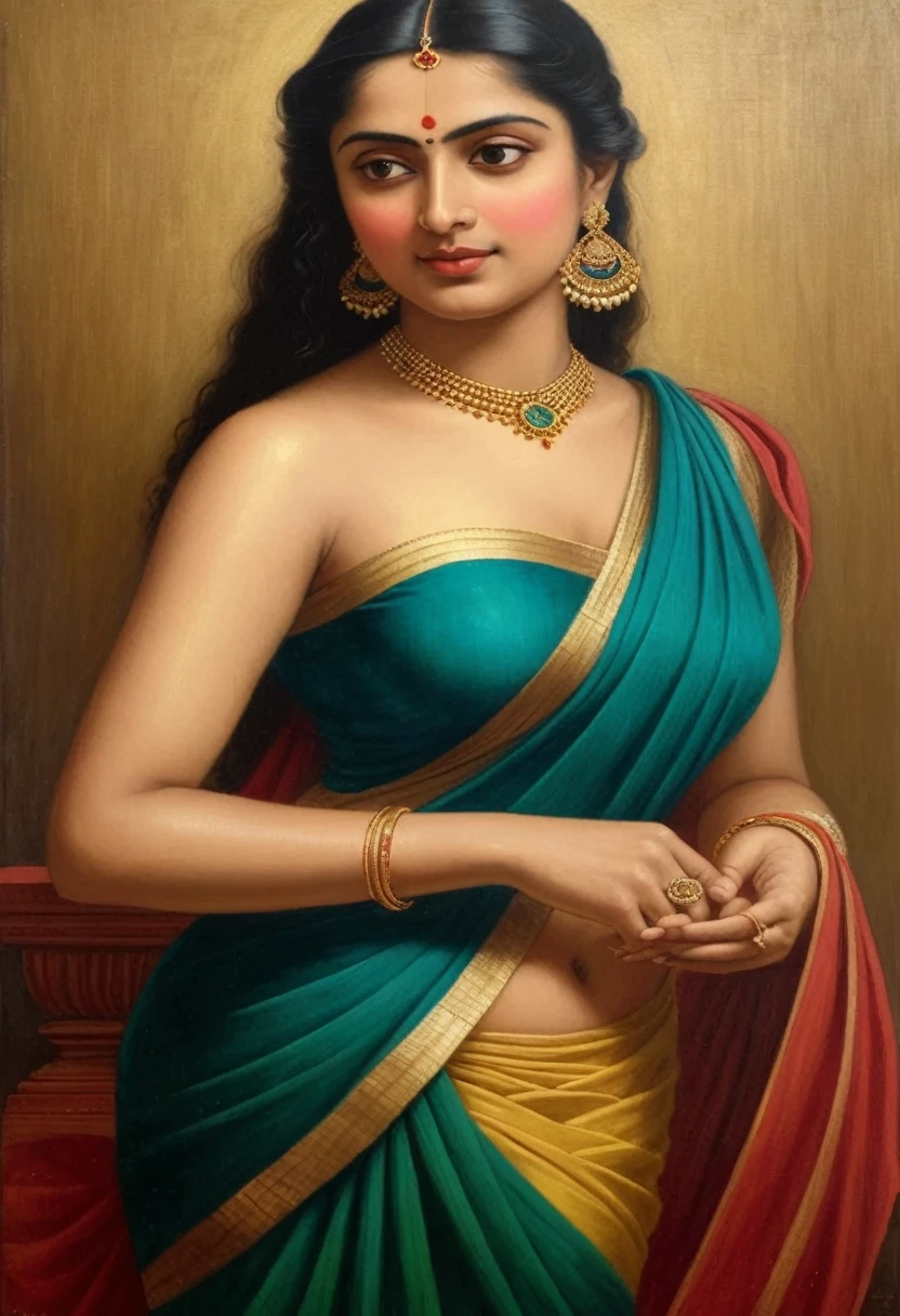 Masterpiece, painting of a woman in a blue dress with a red top and gold jewelry, inspired by Raja Ravi Varma, portrait of a beautiful goddess, by Raja Ravi Varma, a stunning portrait of a goddess, szukalski ravi varma, traditional beauty, indian goddess, beautiful goddess, portrait of modern darna, portrait of a goddess, goddess portrait, perfect body, proportional body, perfect body posture, masterpiece, Indian sensibility, exotic Indian art, 