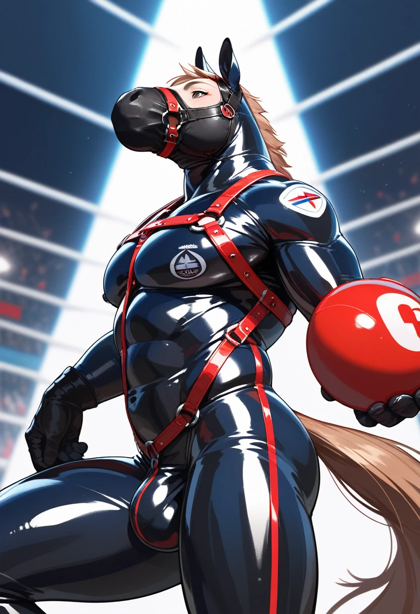 Highest quality, Highest quality, High quality illustrations, masterpiece, Ultra-high resolution, Detailed Background, grassland, Absurd, Perfect , performance, Good lighting, Shadows in the movies(kemono, Furry Personifi猫ion), horse, Muscle Body, Rubber Suit, Racing Suits, Red harness, Rubber mask, big null bulge, From the side