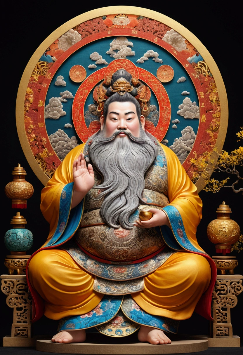 357 / 5.000
(((Pangu))) Best Quality, Ultra High Definition, 4K Detailed CG, Masterpiece, Cosmic God, Big Beard,Chinese Clothing, Chinese Mythology, ((standing pose)) ,Chinese painting style, shui mo hua, Thangka style, Aesthetics, Screen-centered, IMAGE of 2 gods sitting, 1 is earth with a fat body holding a fan, 1 is God of wealth