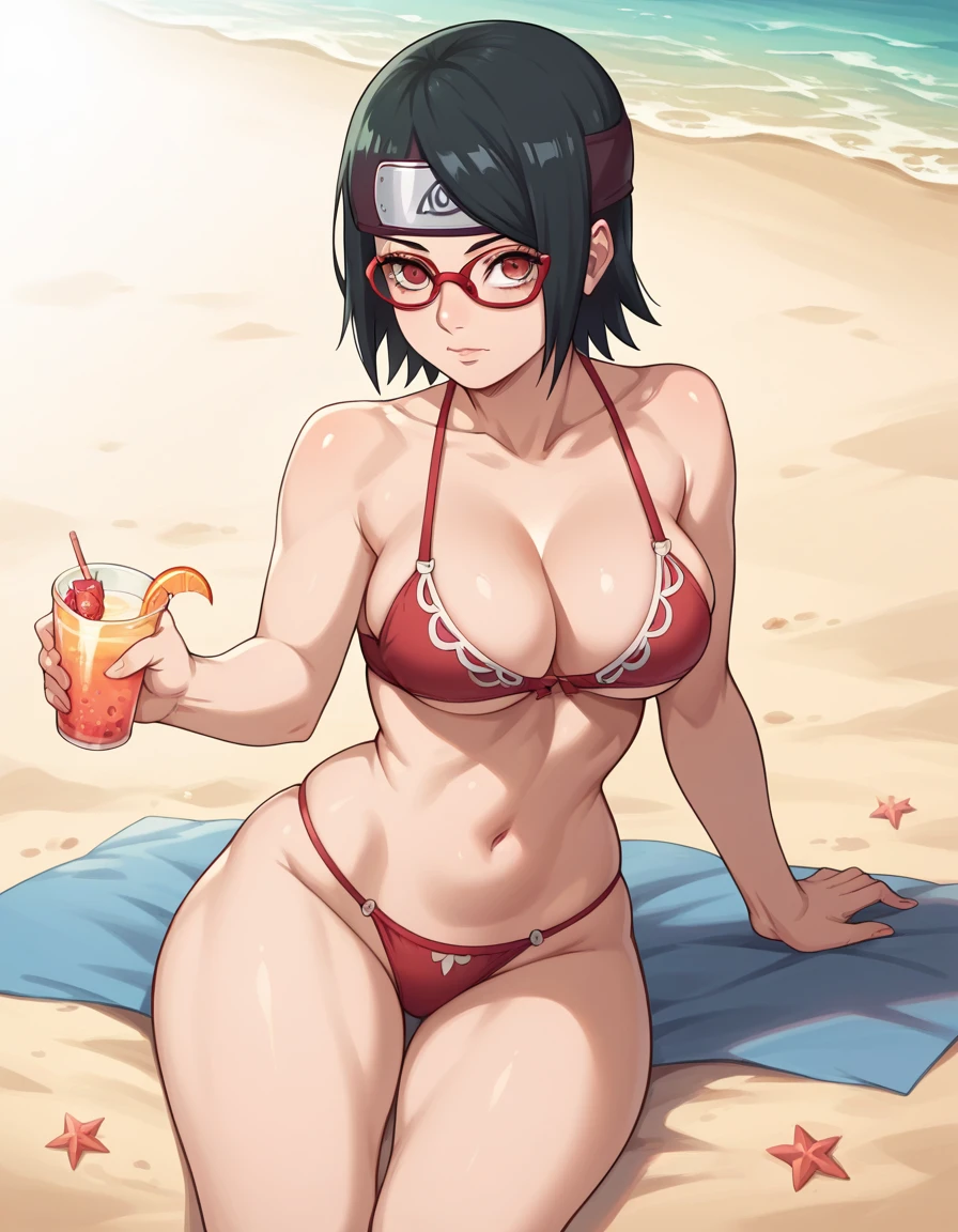 Masterpiece,Solo,1girl,Sarada Uchiha,(Boruto),Big Breasts,Perfect Body,Sexy Body Hot,High Quality,High Resolution,Photograph 16K,Short Hair,Glasses,Ultra Detailed,Black Hair,Beautiful,Beautiful Girl,Mini Bra And Panties,Beach Background 