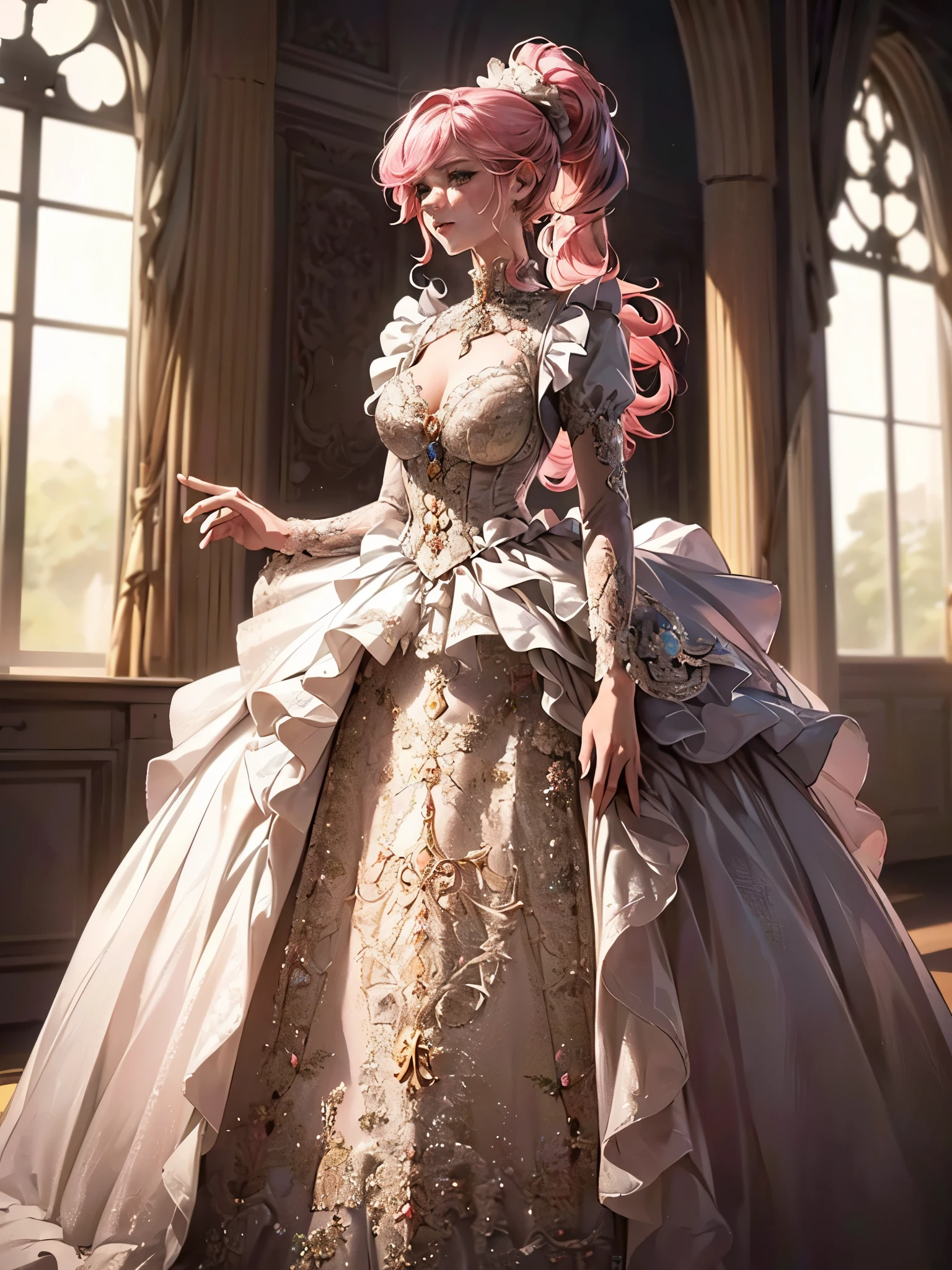 ((Moe anime art style:1.1)), (((masterpiece))), (((Highest quality))), (((Ultra-high resolution))), (((8K))), (((Very detailed))), (((solo girl))), (18 years old), ((full body)), (((Super Definition and Beautiful Face, Beautiful Lips))), (((Pink Hair, Fluffy ponytail, Curly Hair, Expressive hair, very voluminous long hair))), ((Deep pink taffeta material)), ((Dense lace, Long train, Lots of frills)), (((Full-length crinoline hoop skirt, Beautiful and luxurious Rococo Victorian ball gown dress))),