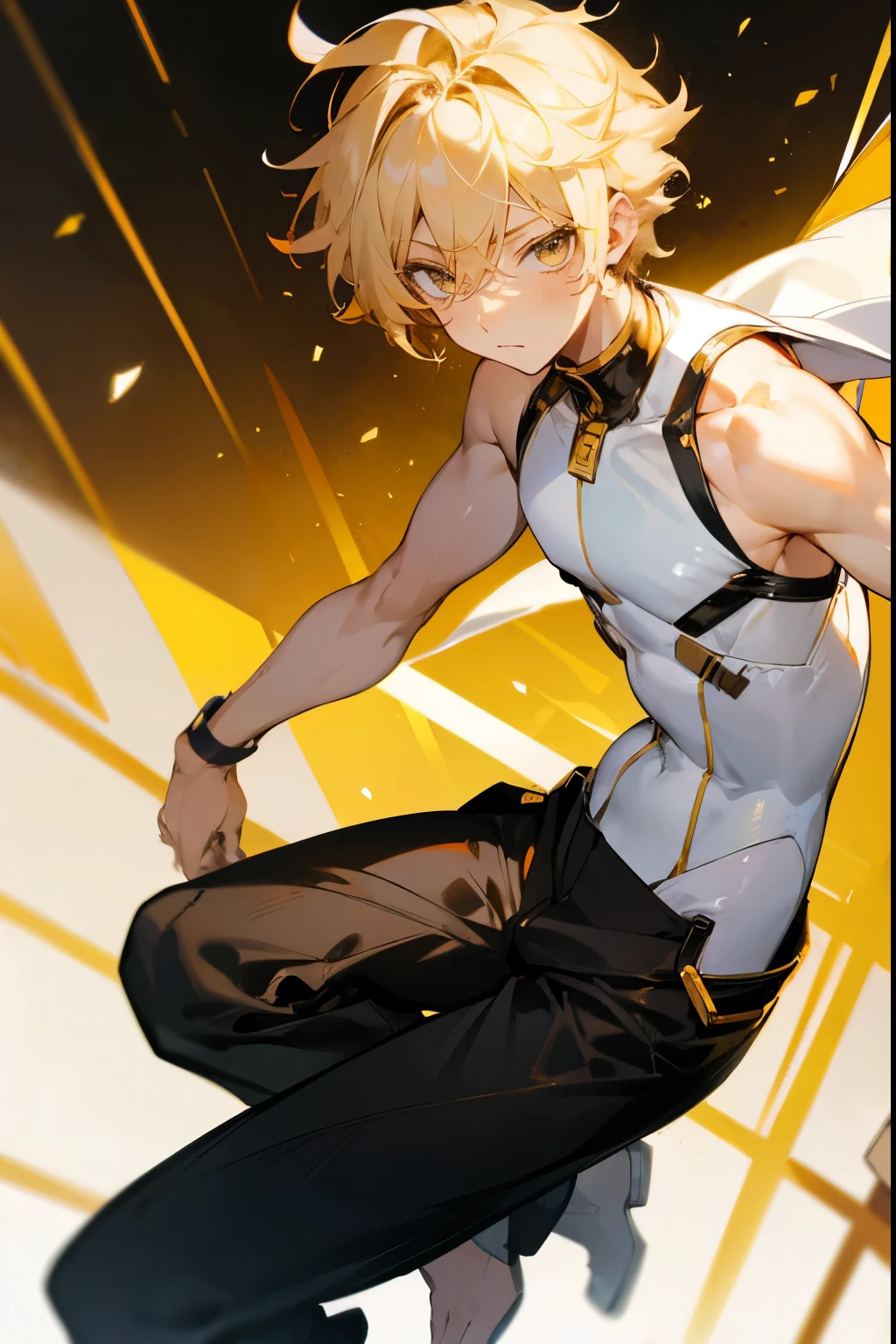 1male , Blonde Hair , Golden Eyes , Young Male , Sleeveless White Bodysuit , Yellow Haori , Baggy Black Pants , Calm Expression , Messy Styled Hair