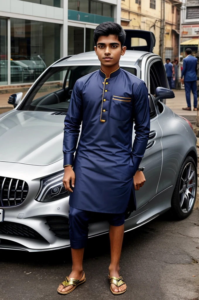 Generate a photo where A 17 year old male with traditional Muslim clothes Indian Boy standing in front of Mercedes Amg cle53 car at Kolkata biswabangal