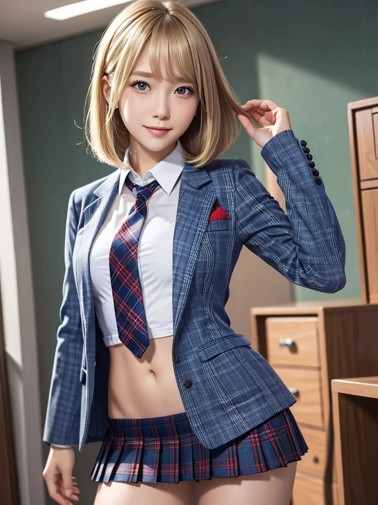 (8k, RAW Photos, Highest quality), Stand in the classroom of school, (((((((One woman))))))), ((Blonde)), ((Medium Bob Hair)), ((Detailed eyes)), ((smile)), ((Red tie)), (((Dark blue closed blazer))), (((A blue plaid pleated miniskirt that wraps around the hips))), Asymmetrical bangs, 楽しそうなsmile, Thighs, knees, Random pose，pretty girl，Slender girl
