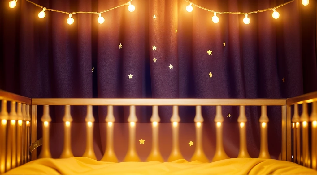 This image features a charming and whimsical children's crib set against a festive background. The crib is surrounded by rich purple curtains, creating a cozy and enchanting atmosphere. Above the crib, decorative garlands with glowing yellow lights add a magical touch, casting soft light and creating twinkling reflections that dance across the curtains. The golden, fuzzy blanket inside the crib suggests warmth and comfort, enhancing the overall dreamy and starlit ambiance of the setting. This setup appears ideal for a child's nursery, where the decorative elements contribute to a joyful and peaceful sleeping environment. аffects render, (glossy plastic texture with multiple big light probe refractions), perfect cgi, smooth silhouette, high intensity refraction, (super glossy plastic material), most beautiful vfx, , realistic, 4k, high resolution, rim light, smooth 3d model, multiple light sources, rim light, sharp post effects render,, realistic, 4k, high resolution, rim light detailed digital art, reflective, best quality, 4k, masterpiece:1.2, ultra-detailed, realistic, vivid colors, The image of the highest quality, ensuring every detail showcased perfectly. It in 4k resolution, allowing viewers to immerse themselves in the richness of the colors and intricate details. The realistic rendering. under the spotlight, reflecting, high-resolution image, realistic rendering