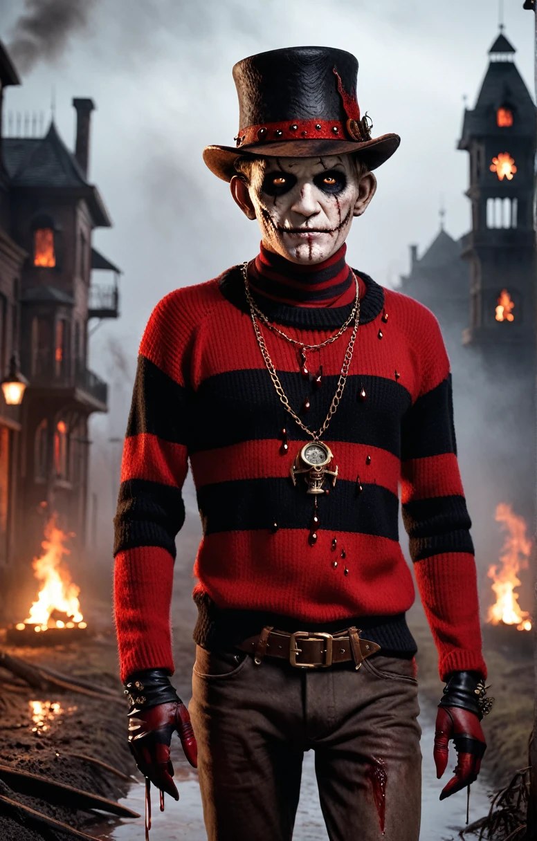 Horror-themed movies,Ultra HD、Amazing image quality,4k、Steampunk Cityscape、A Nightmare on Elm Street、Freddy、Wearing a hat、Burned skin、Burnt Face、Red and black striped sweater、nails are long、Blood droplets、Full Body Shot,Give the viewer a malicious look, Grabbing Viewer, For the viewer,Misty marshland background,Shallow depth of field, Vignette, Very detailed, High budget, Bokeh, CinemaScope, Sulky, amazing, nice, Film Grain, granular . Creepy, Anxious, dark, Creepyな, Suspenseful, strict, Very detailed
