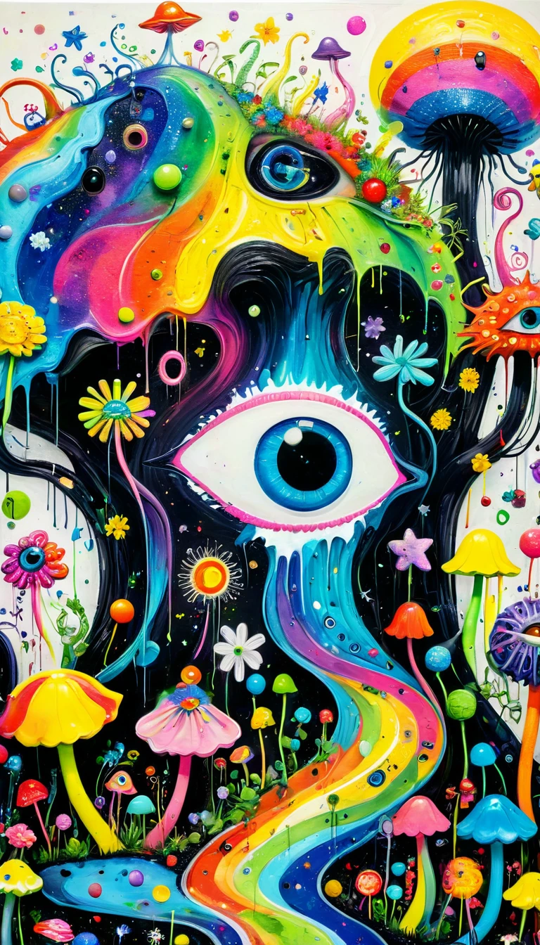 Children's graffiti,Thick coating,Concave and convex texture,Oil pastel strokes:Colorful black,Dopamine color matching,Rainbow lollipops、house、flowesh、Tentacles、bird、(((Eye)))、diatom,Abstract mosaic painting,Describing the inner world of autistic people,Sense of space,White Space,interesting,Innocence,Psychedelic Art,