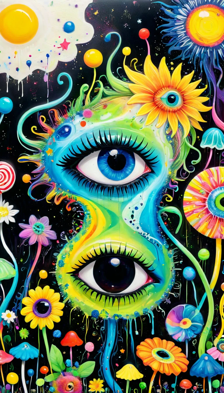 Children's graffiti,Thick coating,Concave and convex texture,Oil pastel strokes:Colorful black,Dopamine color matching,Rainbow lollipops、house、flowesh、Tentacles、bird、(((Eye)))、diatom,Abstract mosaic painting,Describing the inner world of autistic people,Sense of space,White Space,interesting,Innocence,Psychedelic Art,