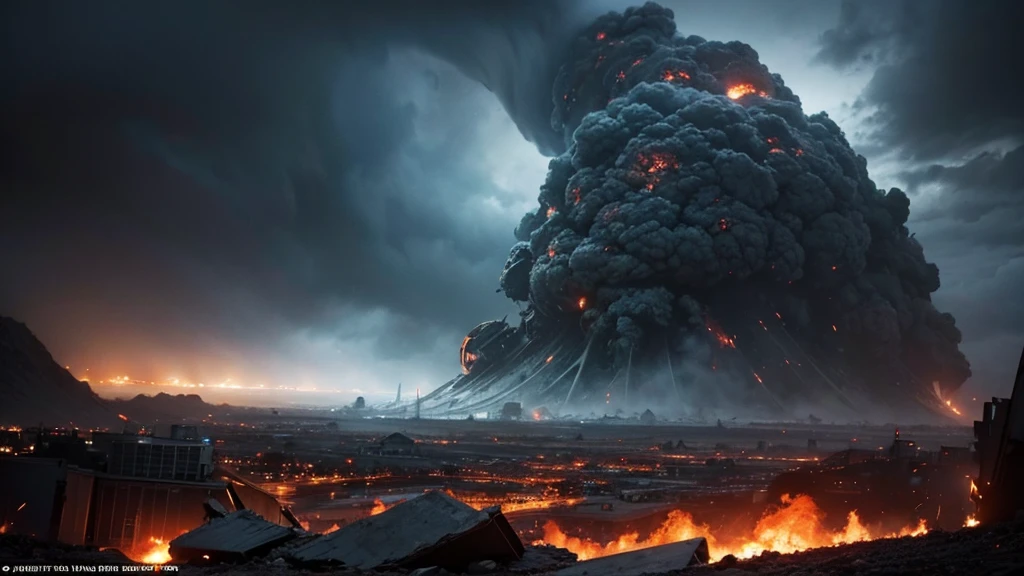 "An apocalyptic scene with dark skies, earthquakes and great natural disasters, symbolizing the end of times."