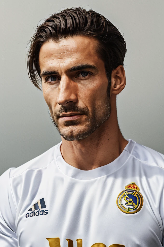 {{{Real Madrid}}}, light, {{Adidas golden line soccer jersey on white background}}, {{{best quality}}}, {{{realistic}}}, {{{Detailed facial description}}}, realistic 눈동자, {{handsome western man}}, realistic 유니폼 주름, football을 들고 있는, {{{Real Madrid}}}, {{{soccer stadium}}}, football