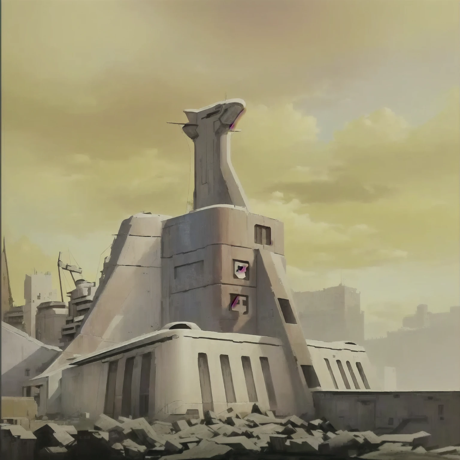 there is a painting of a building with a clock on it, futuristic outpost building, hq 4k phone wallpaper, remnants of old spaceship, imperial brutalist base, retrofuturistic digital painting, futuristic castle, futuristic base, concept arts, concept art artwork masterpiece, simon stålenhag color scheme, futuristic tower, futuristic ruins, brutalist space ship, background artwork