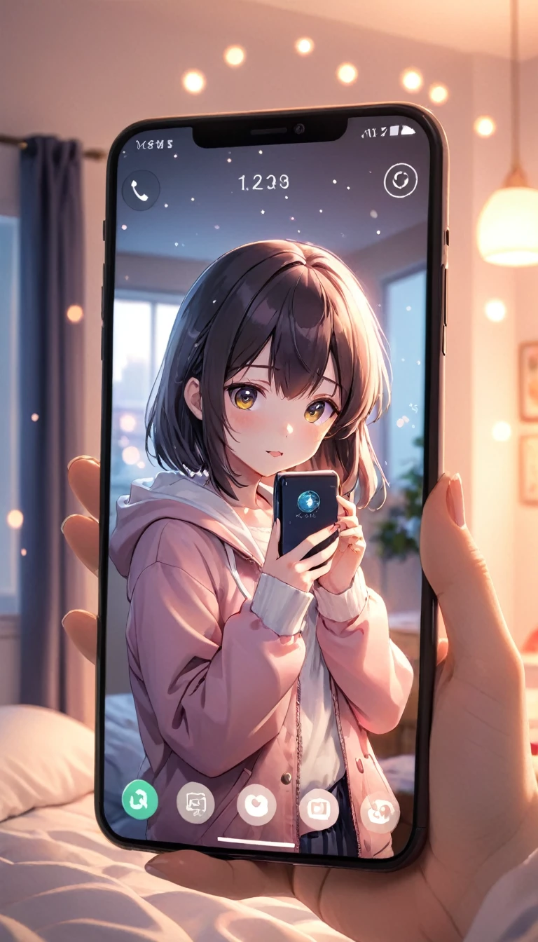 photograph, Anime girl on smartphone screen, Bedroom, throw, Bokeh