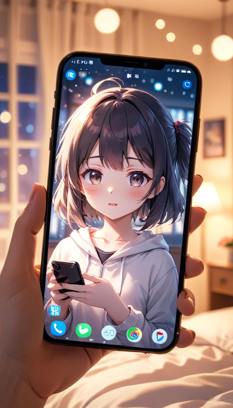 photograph, Anime girl on smartphone screen, Bedroom, throw, Bokeh