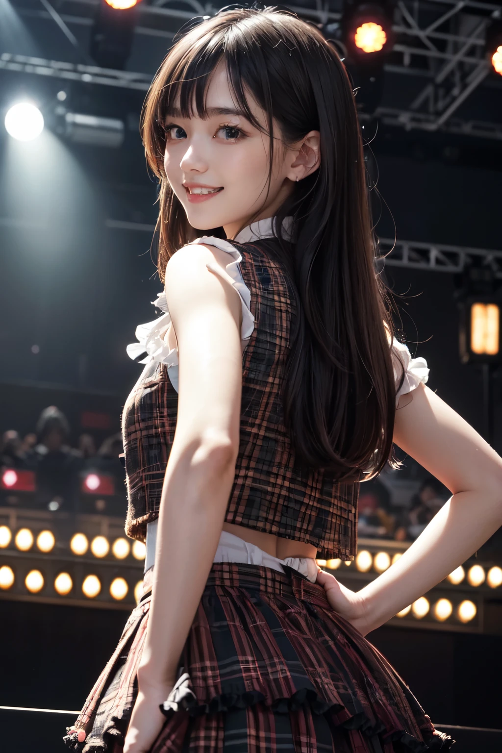 very cute and beautiful girl,(highly detailed beautiful face and eyes),(smile:1.2),happy, black hair,looking at viewer,dancing,(looking back,from behind,from below),idol costume like AKB48,akiba idol with detailed frills,plaid vest, live stage,concert hall,spot light, (best quality,masterpiece),absurdres,highres,ultra-detailed,extremely detailed,32k,8k resolution, intricate details,cinematic scene,detailed background,solo,dynamic angle,