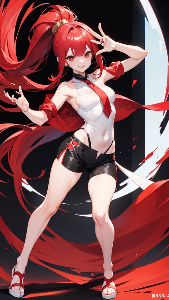 Red belly-baring outfit and black shorts super handsome red-haired girl（（Full body pictures）），Perfectly proportioned body，slim，Lively, Cheerful and happy，Ultra-clear，White silk leg ring，Firefox