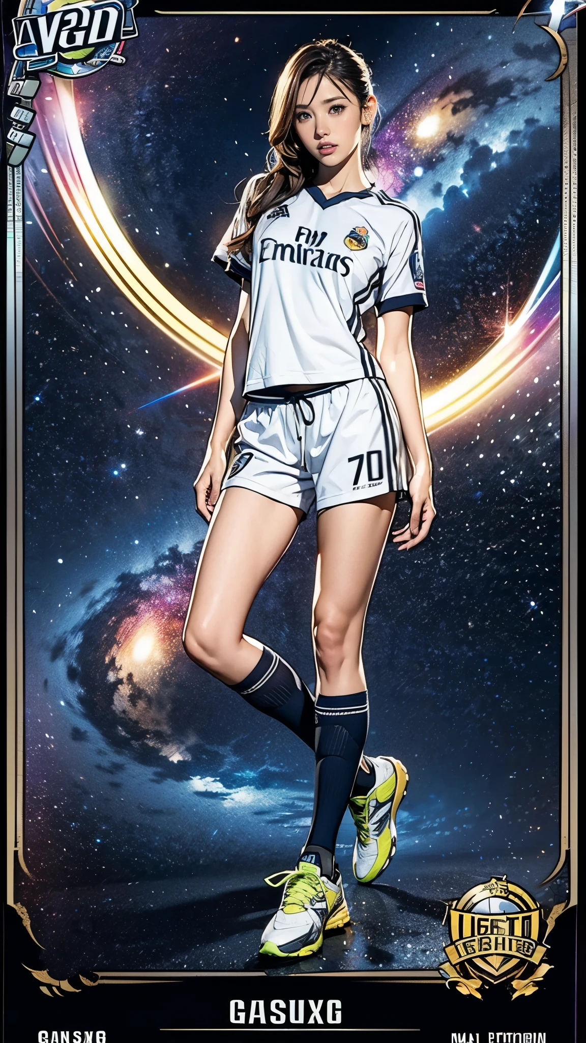 (masterpiece:1.2, Highest quality),(Super detailed),(Highest quality),(High resolution),(Photorealistic Stick),(RAW Photos),8k,wallpaper,(Nanmi women:1.5),(Soccer Player Trading Cards),(((Beautiful trading cards))),((Special trading cards)),((Upper Deck-inspired design)),(Real Madrid shirt),(Soccer Shoes),(((front))),(((whole body:1.5))),(Serious),((Detailed hands)),(((dynamic))),((The background is the galaxy))