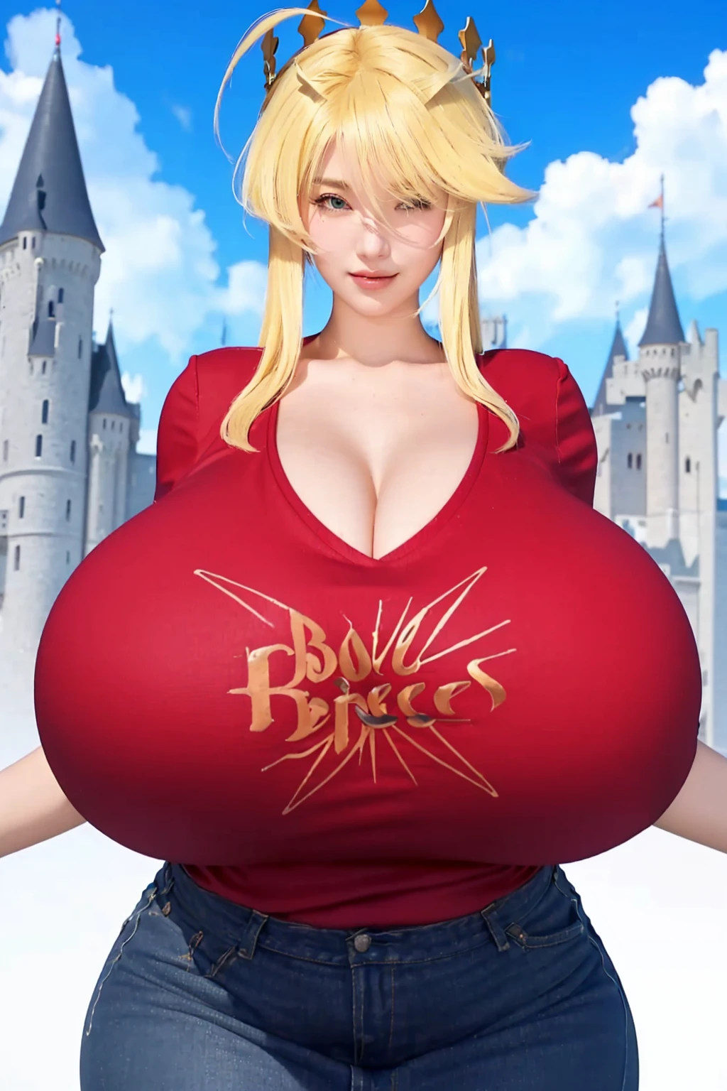 character with blonde hair and a red shirt with a castle in the background, bust, chest up bust shot, big breasts!, big breasts!!, 3/4 bust, sfw huge breasts, really large bosum, bust shot, fluffy chest, very large bosum, with a large breasts, bust view, large breasts, big breasts, really large bust